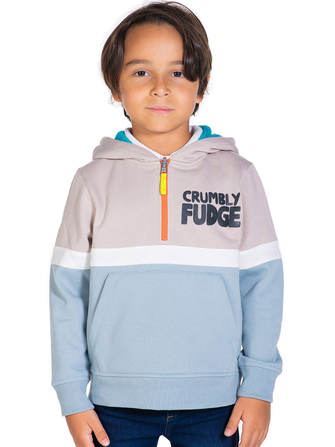 

Cherry Crumble Boys Beige & Blue Colourblocked Hooded Sweatshirt