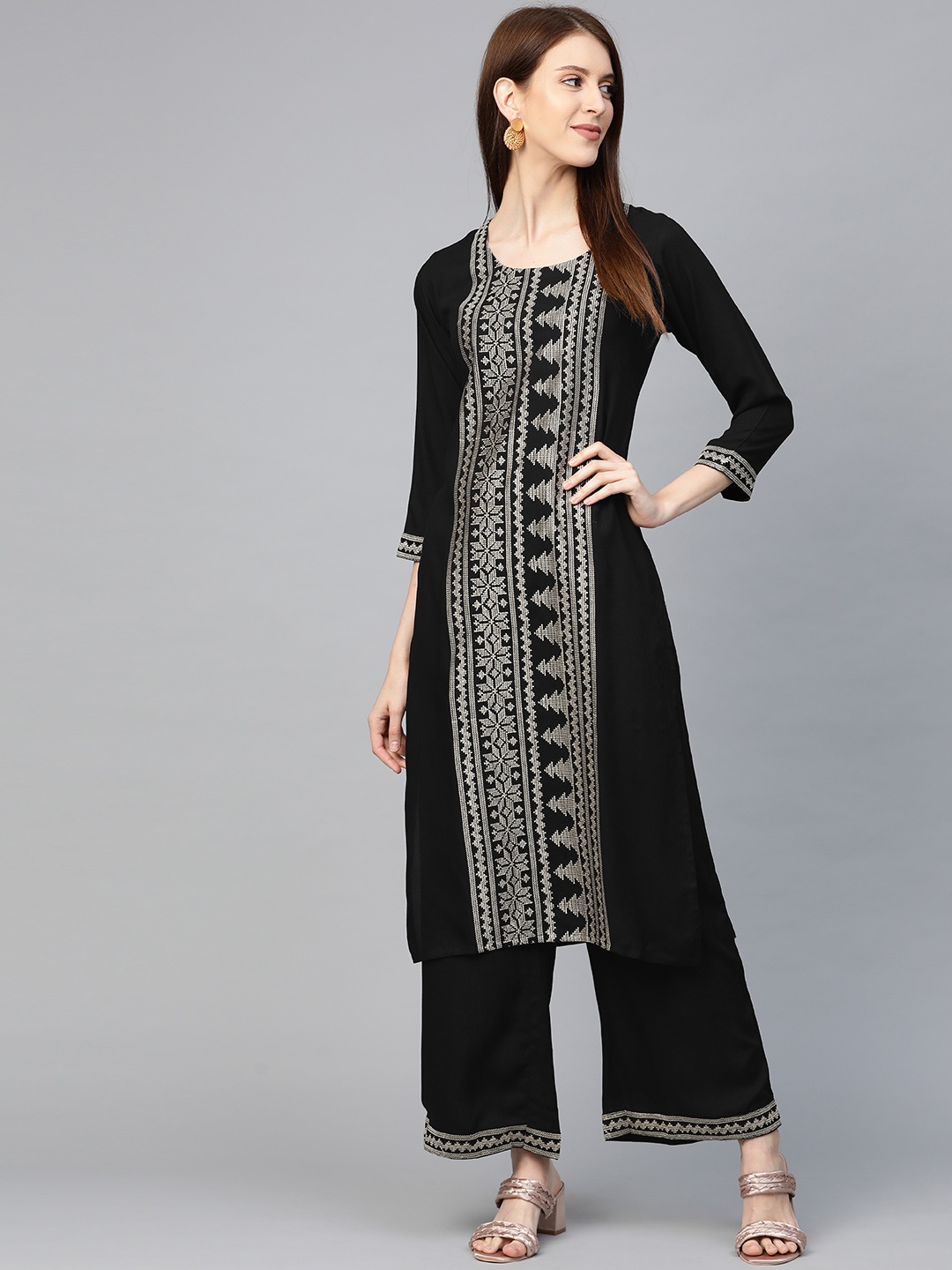 

See Designs Women Black & Off-White Embroidered Kurta with Palazzos