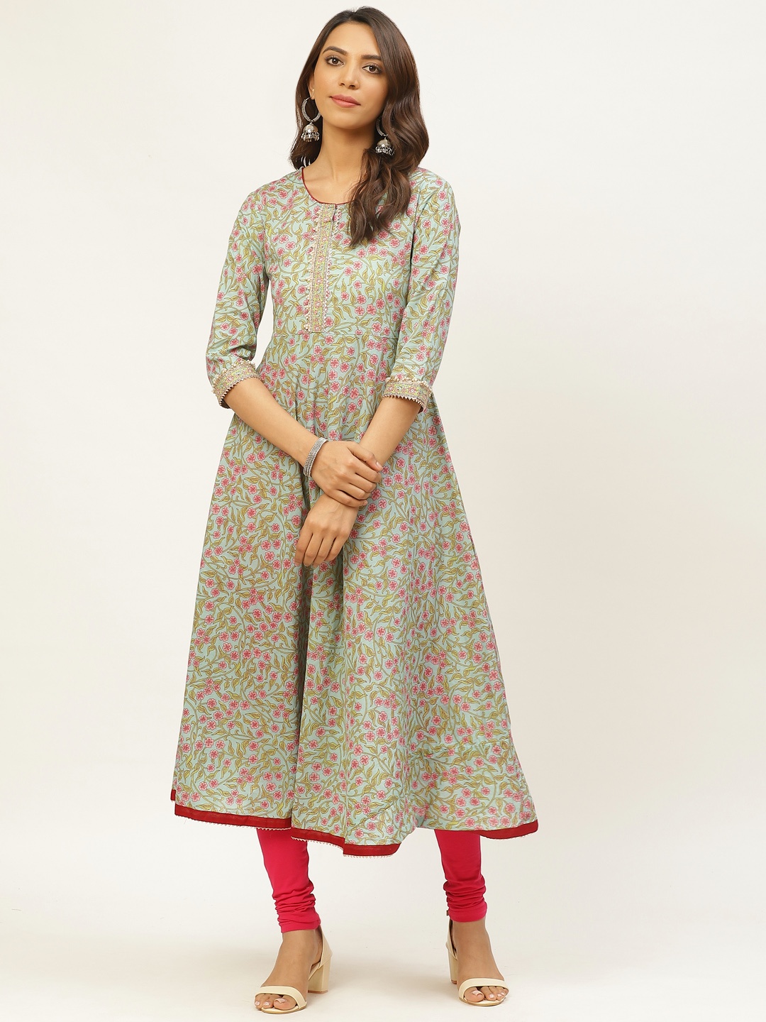 

FABRIC FITOOR Women Sea Green & Pink Floral Printed Anarkali Kurta