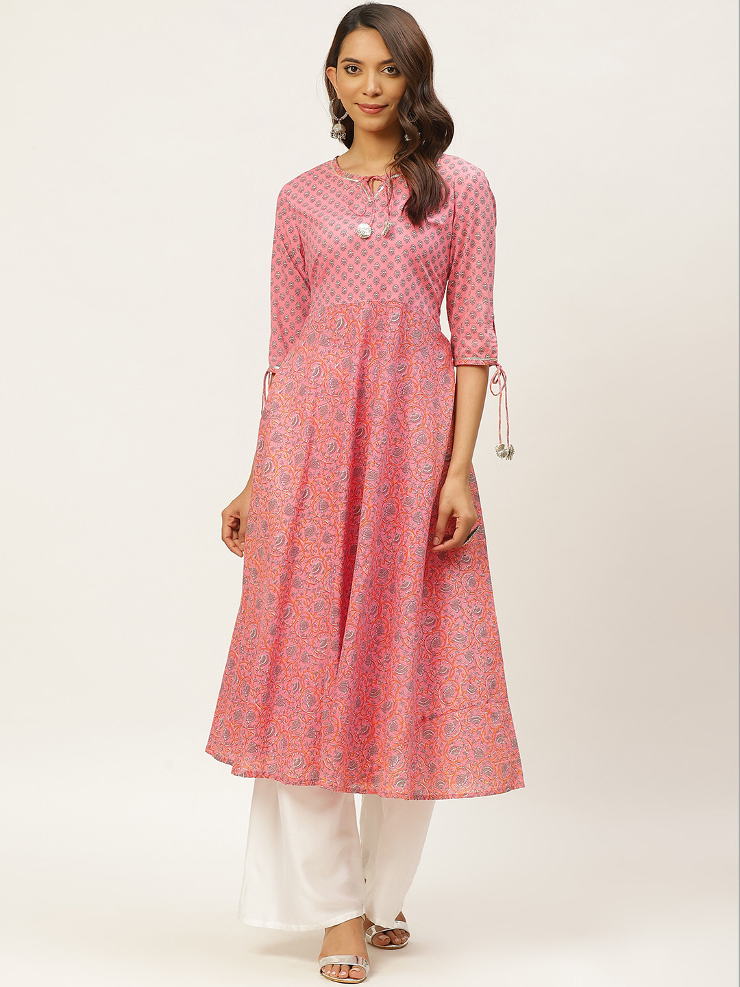 

FABRIC FITOOR Women Pink & Grey Printed Anarkali Kurta