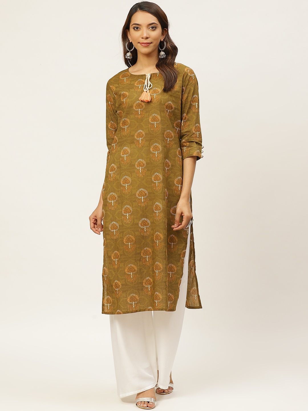 

FABRIC FITOOR Women Olive Green & Brown Printed Straight Kurta