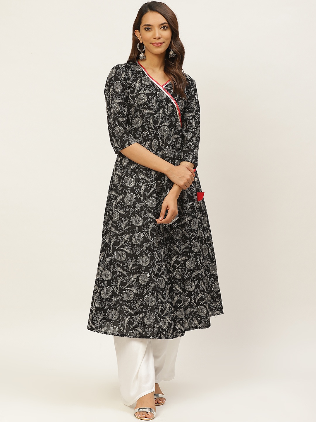 

FABRIC FITOOR Women Black & White Printed Angrakha Anarkali Kurta