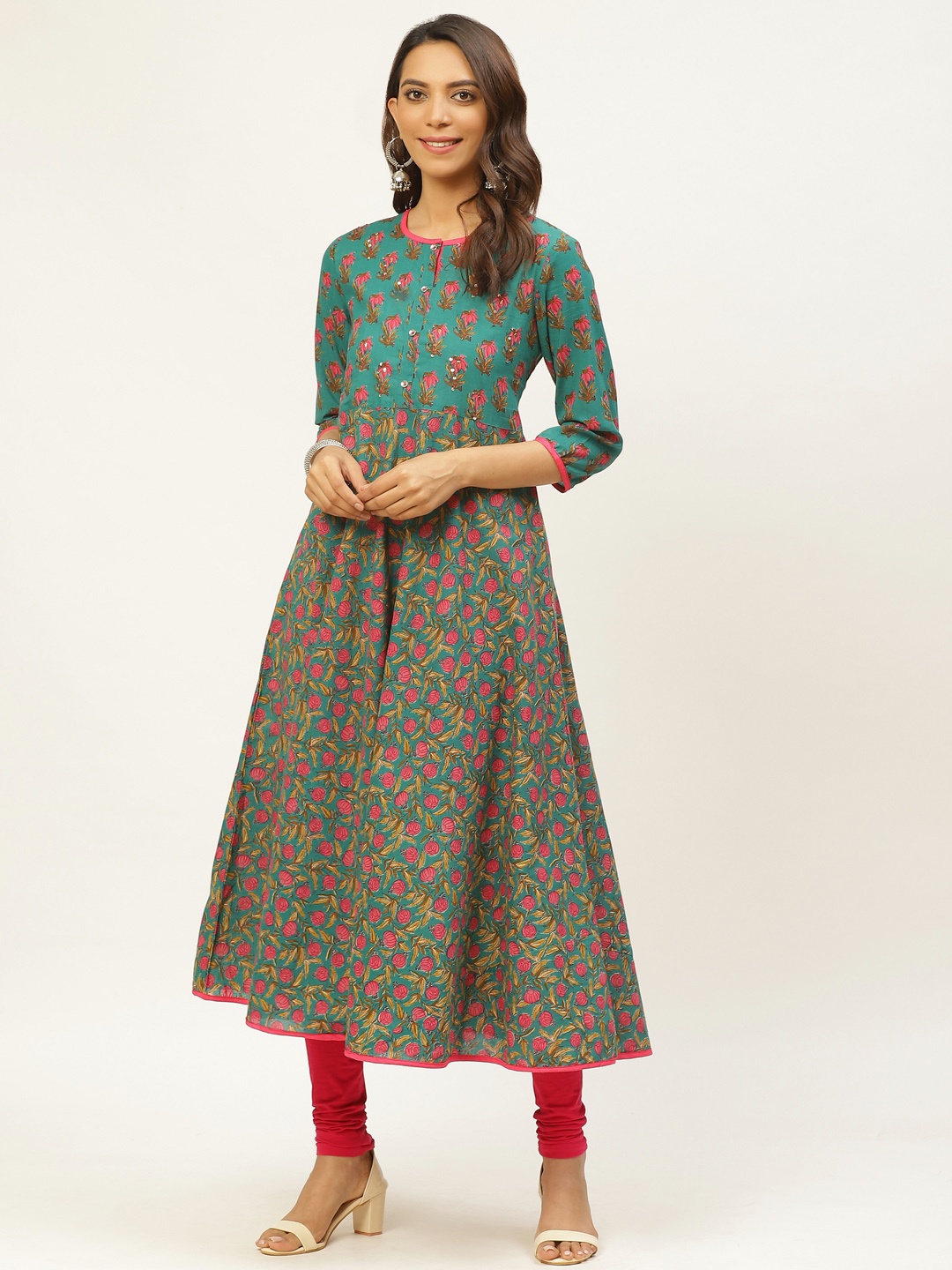 

FABRIC FITOOR Women Teal Green & Pink Floral Printed Anarkali Kurta