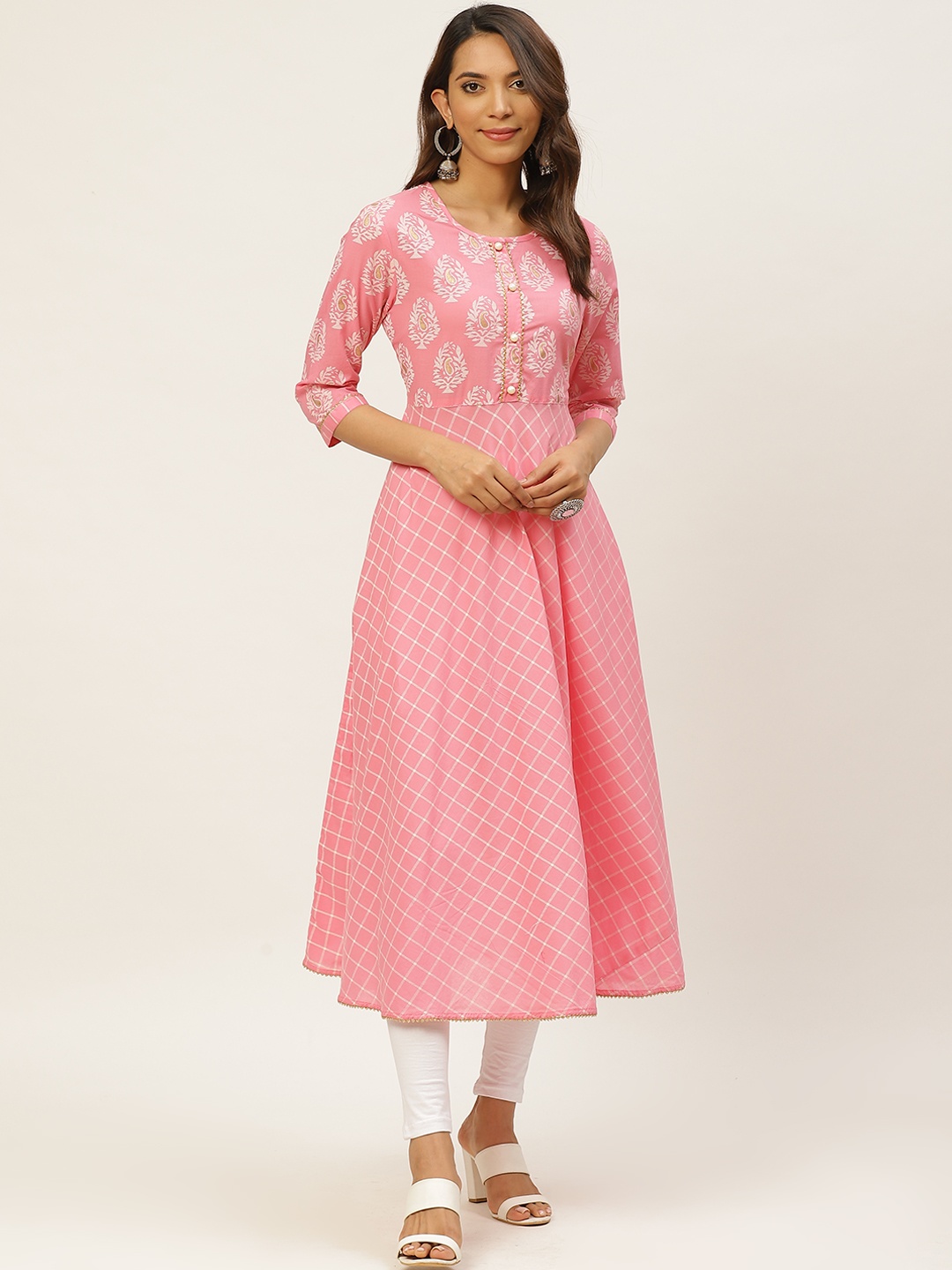 

FABRIC FITOOR Women Pink & White Checked Anarkali Kurta