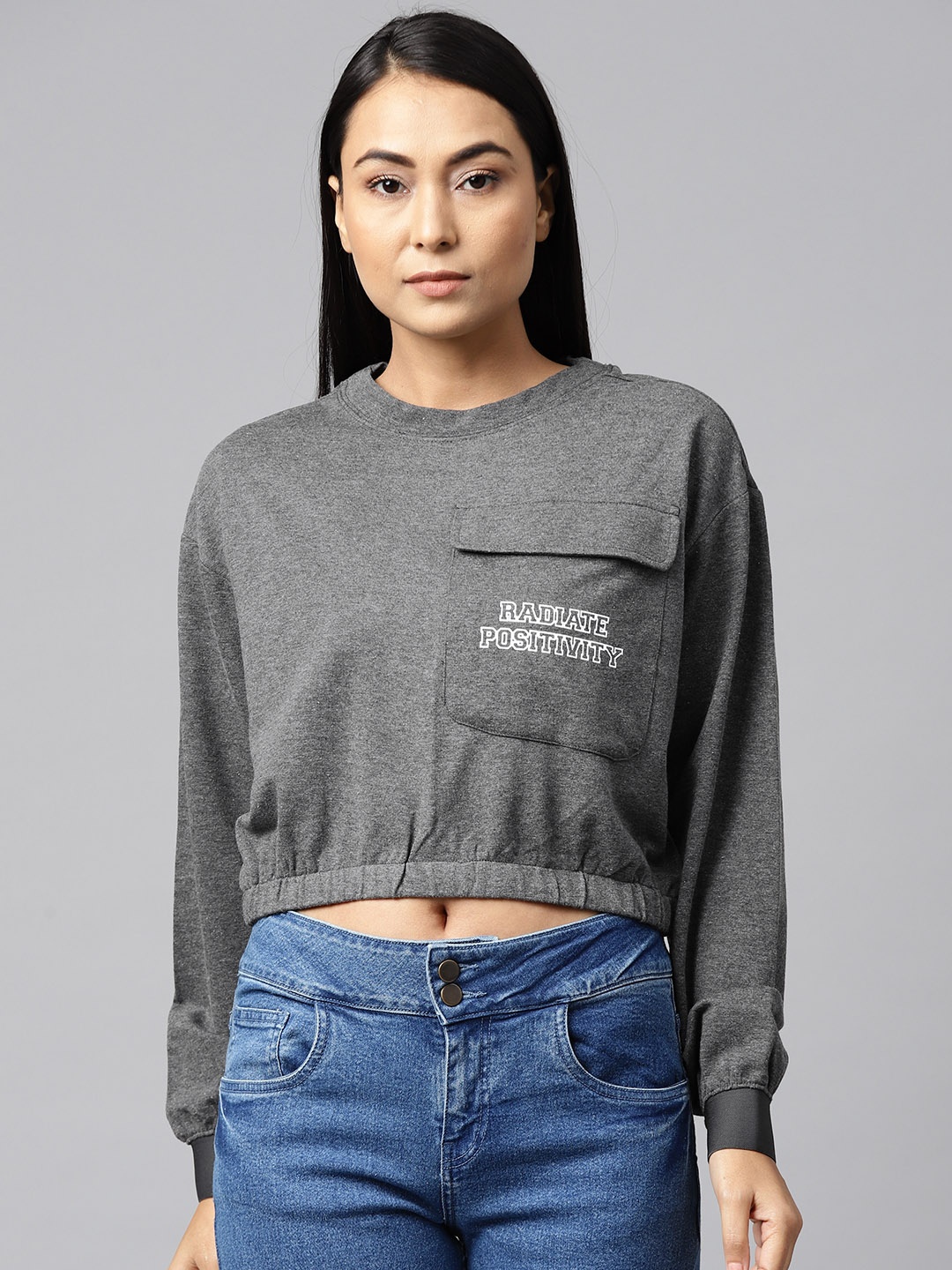 

Hubberholme Women Charcoal Grey Pocket Detailing Cropped Sweatshirt