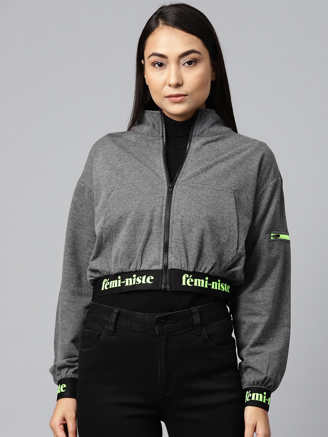 

Hubberholme Women Charcoal Grey Solid Cropped Sweatshirt