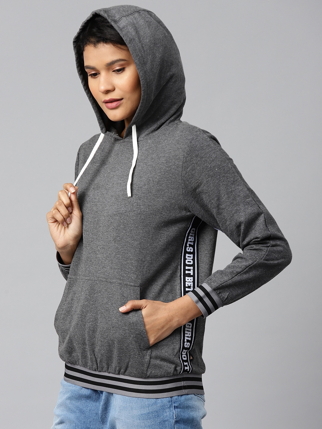 

Hubberholme Women Charcoal Grey Solid Hooded Sweatshirt