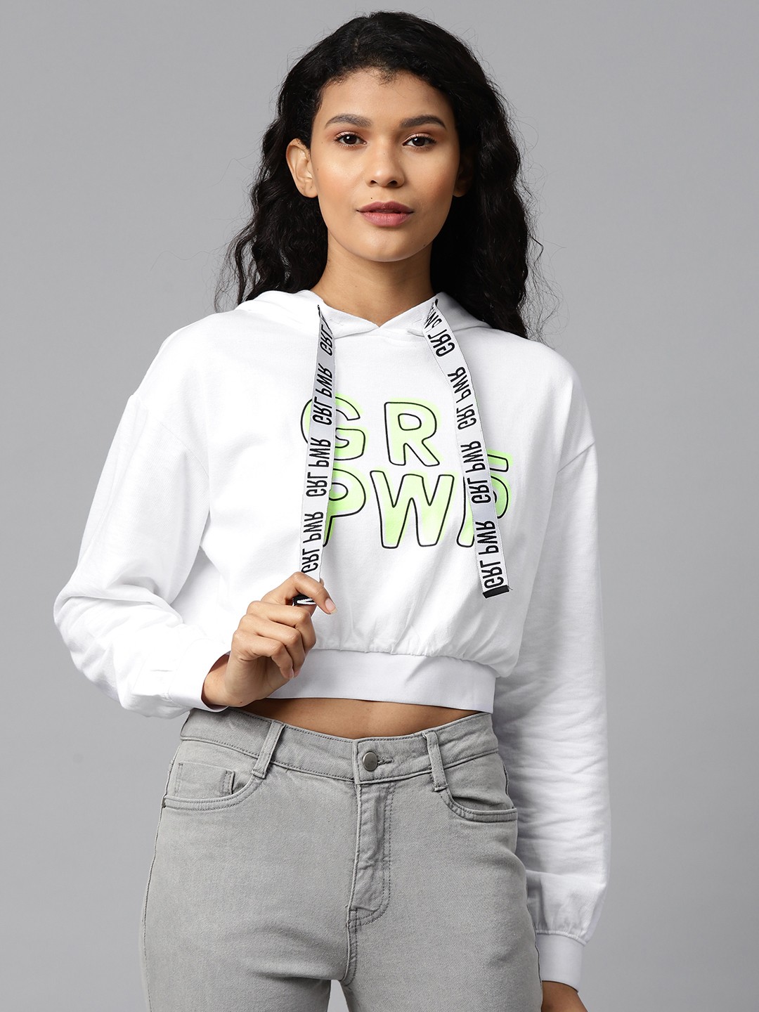 

Hubberholme Women White & Fluorescent Green Printed Cropped Hooded Sweatshirt
