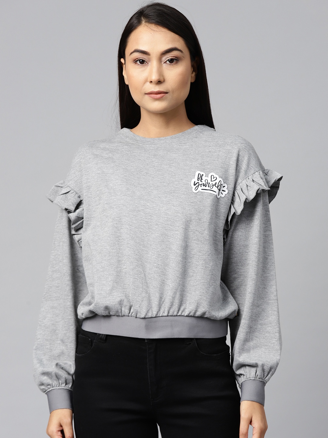 

Hubberholme Women Grey Melange Solid Ruffled Sweatshirt