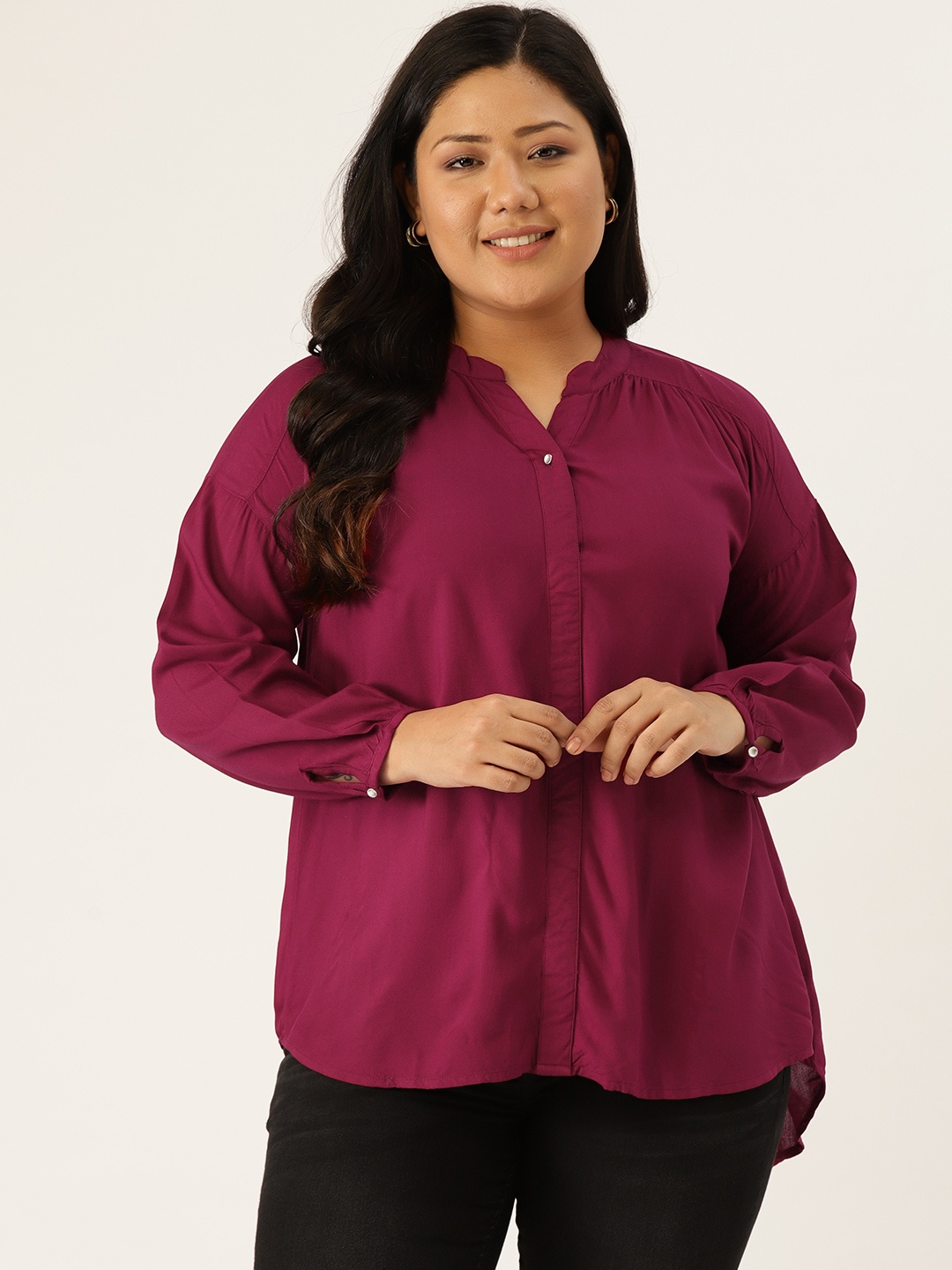 

Revolution Women Plus Size Burgundy Solid Shirt Style Top
