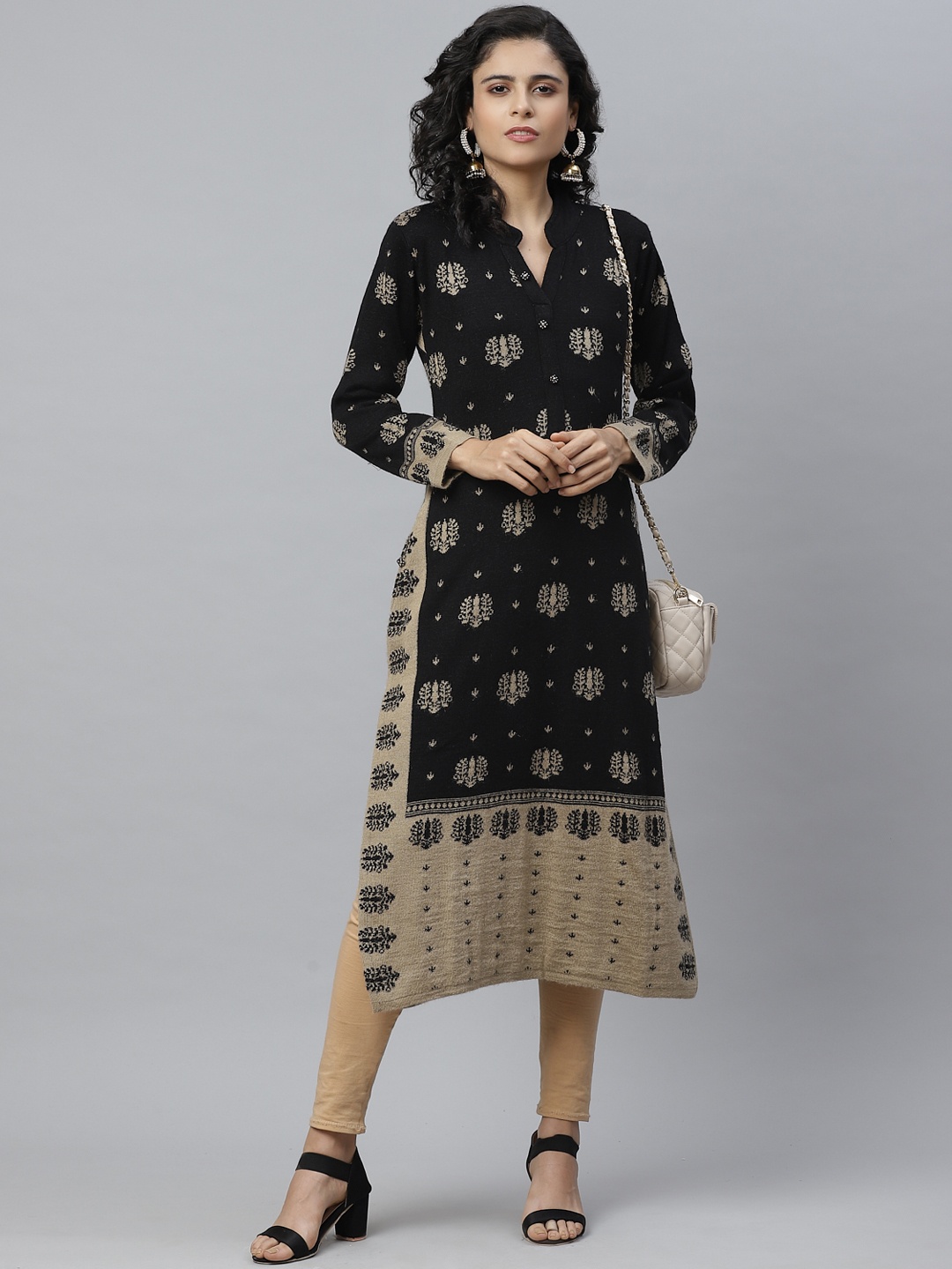 

Cayman Women Black & Beige Woollen Woven Design Straight Winter Kurta