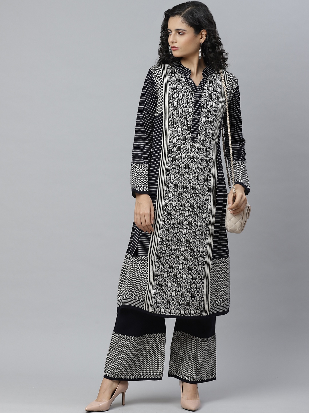 

Cayman Women Navy Blue & White Woven Design Pure Wool Winter Kurta with Palazzos