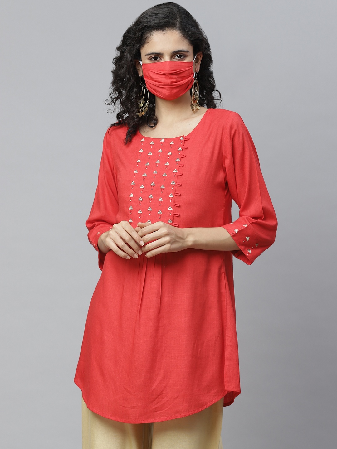 

Cayman Women Red Yoke Design Pure Cotton A-Line Kurti With Matching Mask