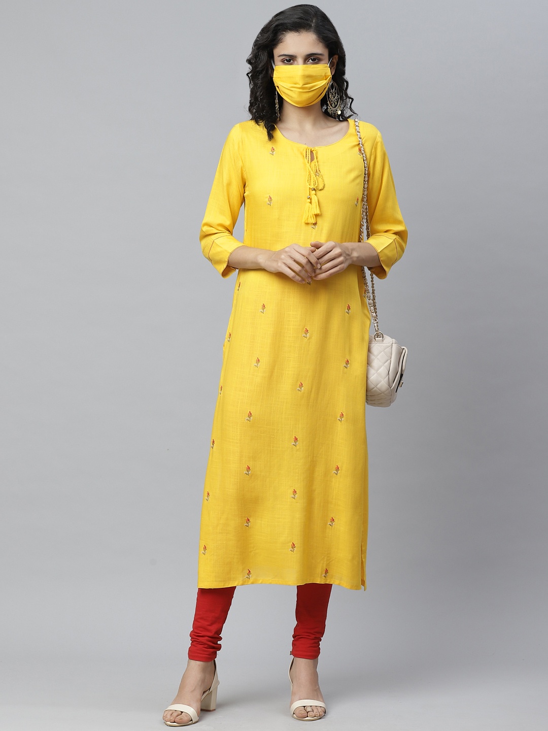 

Cayman Women Yellow Red Embroidered Straight Kurta