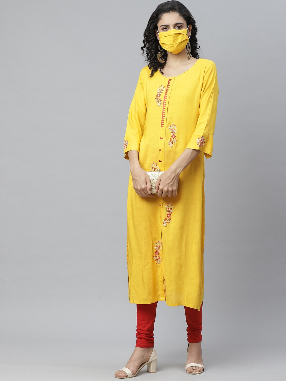 

Cayman Women Yellow & Red Embroidered Straight Kurta