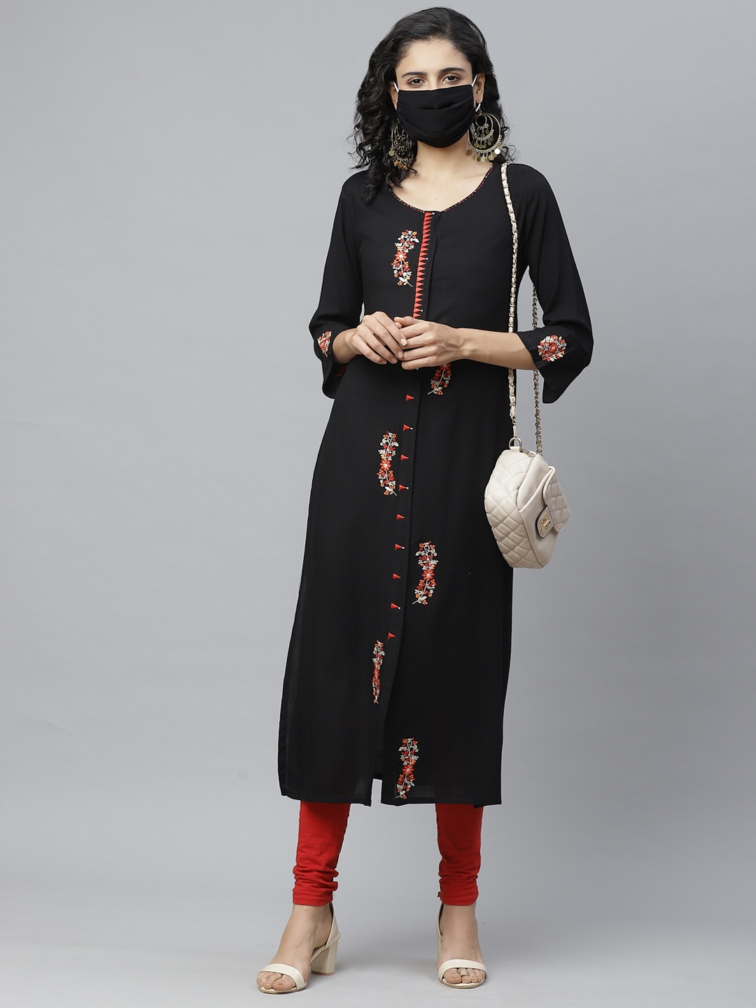 

Cayman Women Black Red Embroidered Straight Kurta