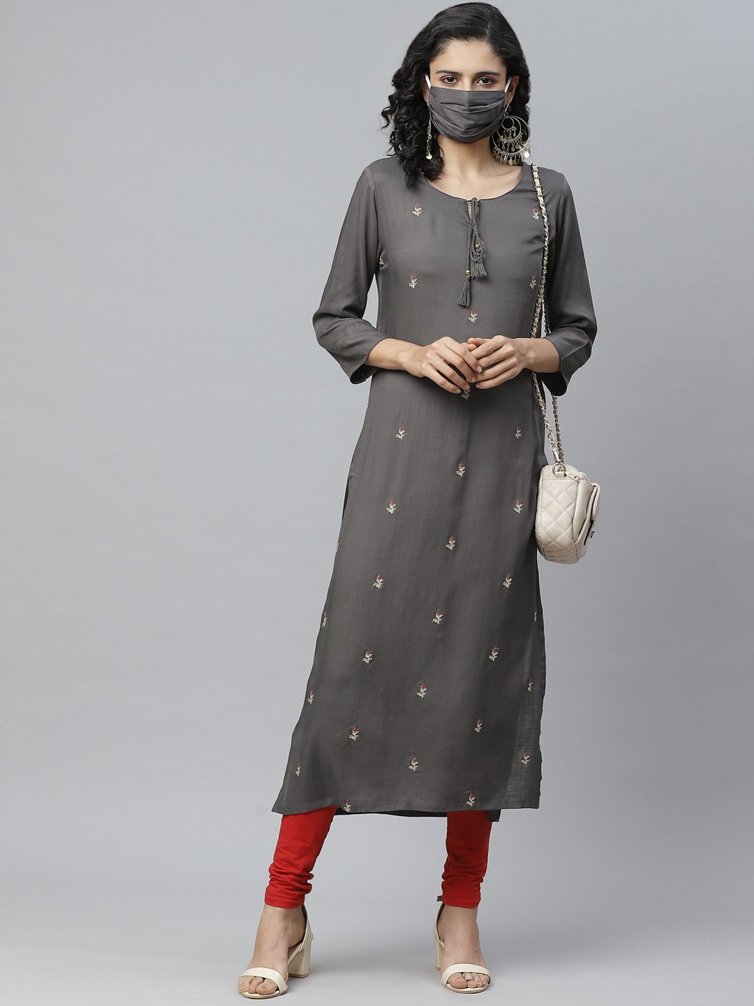 

Cayman Women Charcoal Grey & Red Embroidered Straight Kurta