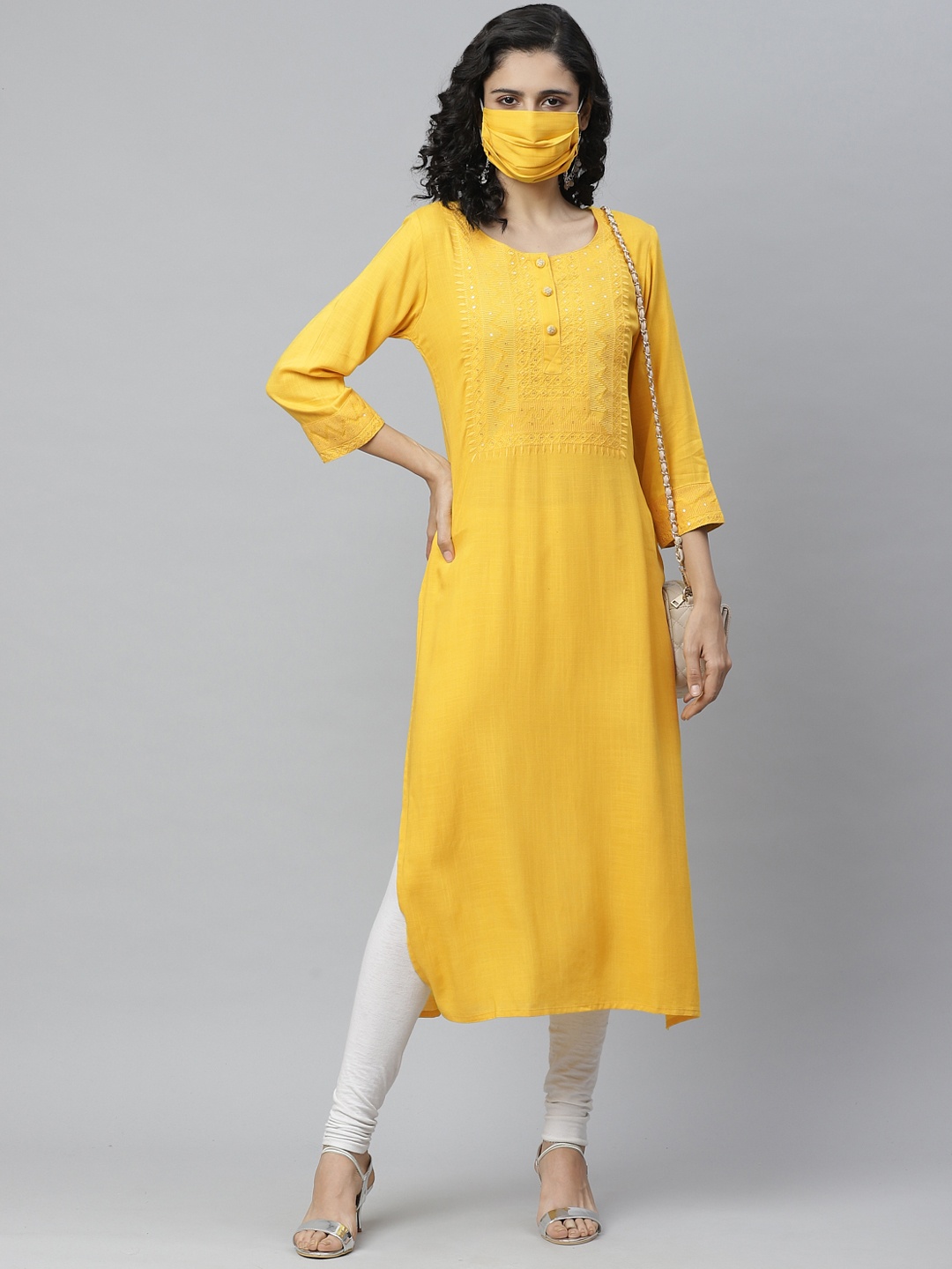 

Cayman Women Yellow Yoke Design Straight Kurta