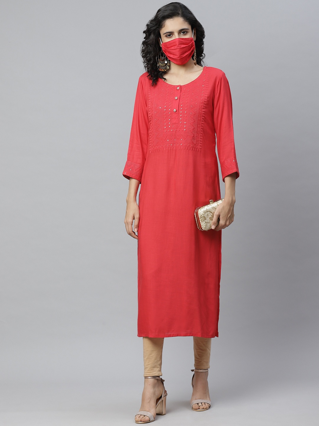 

Cayman Women Red Yoke Design Straight Kurta