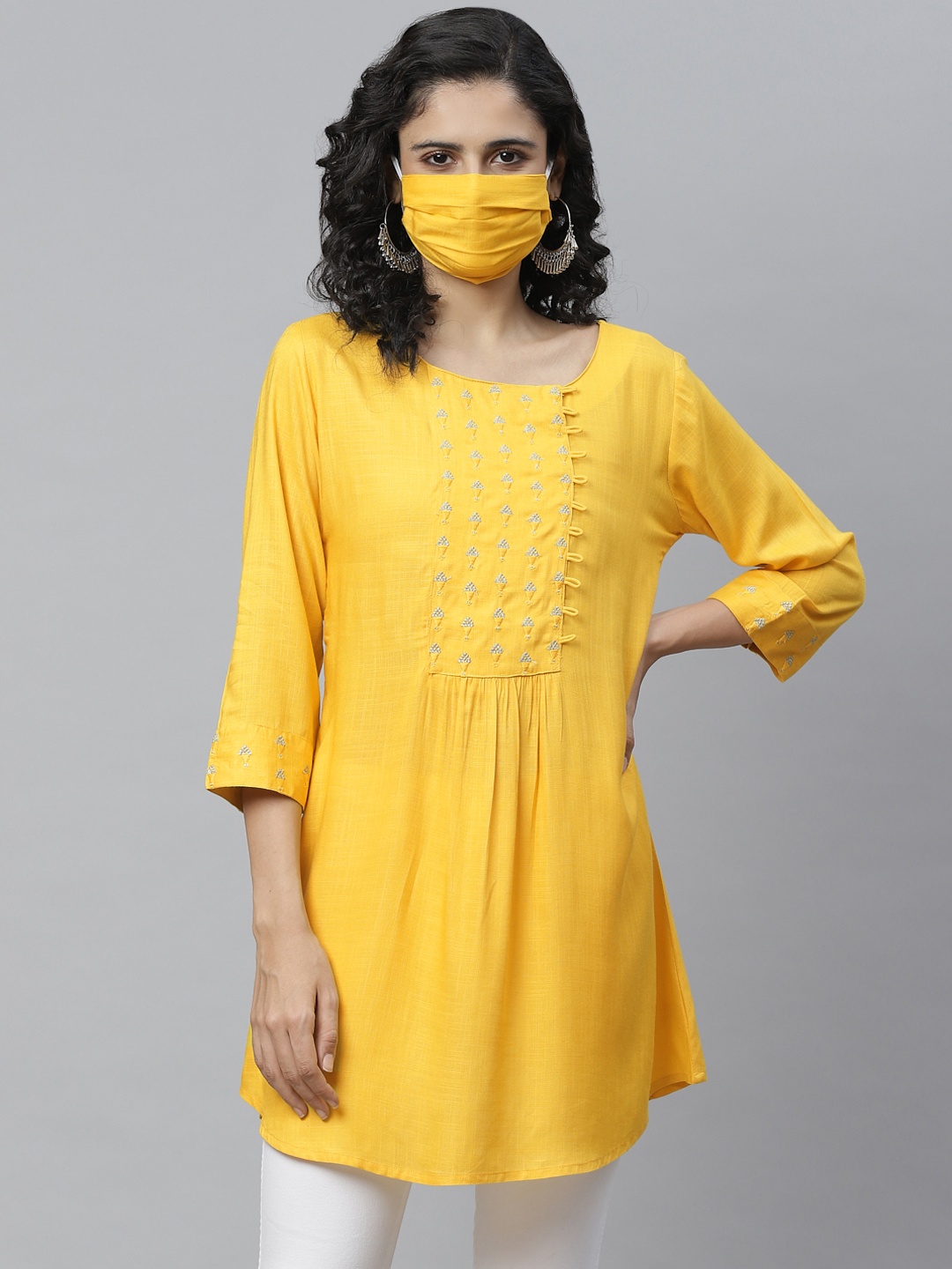 

Cayman Women Yellow Yoke Design Pure Cotton A-Line Kurti With Matching Mask