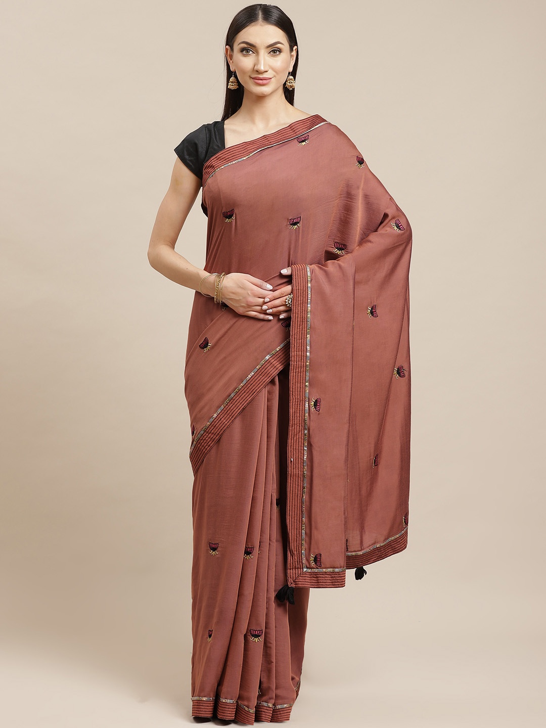 

Shaily Rust Brown & Black Embroidered Saree