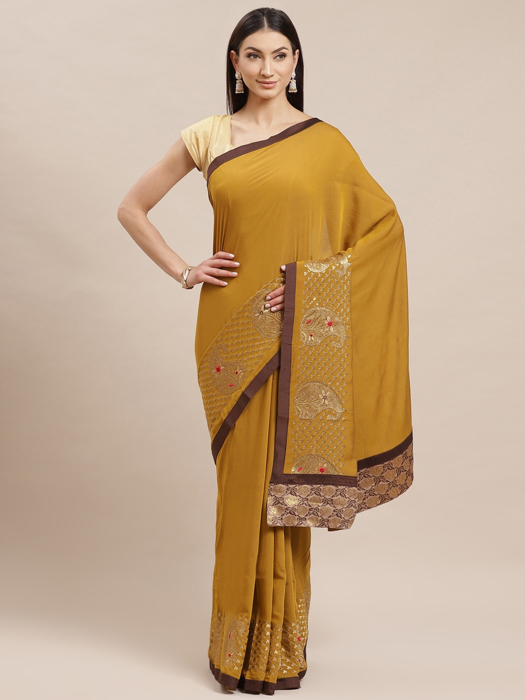 

Shaily Mustard & Golden Satin Zari Work Embroidered Saree