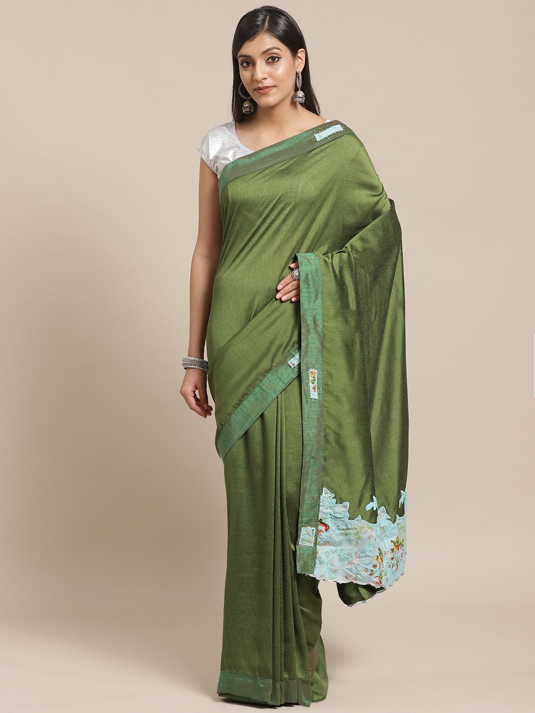 

Shaily Women Olive Satin Embroidered Saree