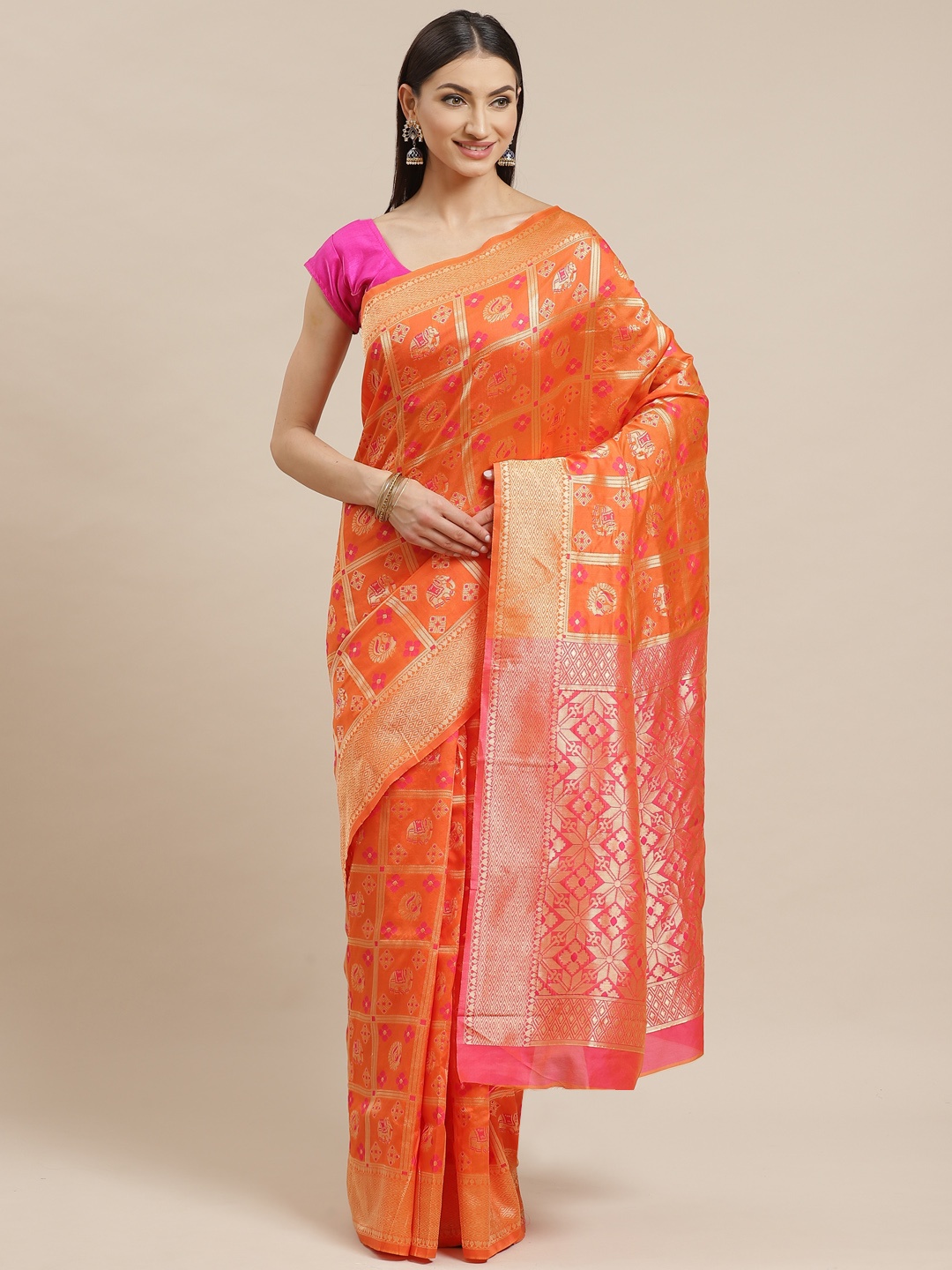 

Shaily Orange & Golden Zari Woven Design Banarasi Saree