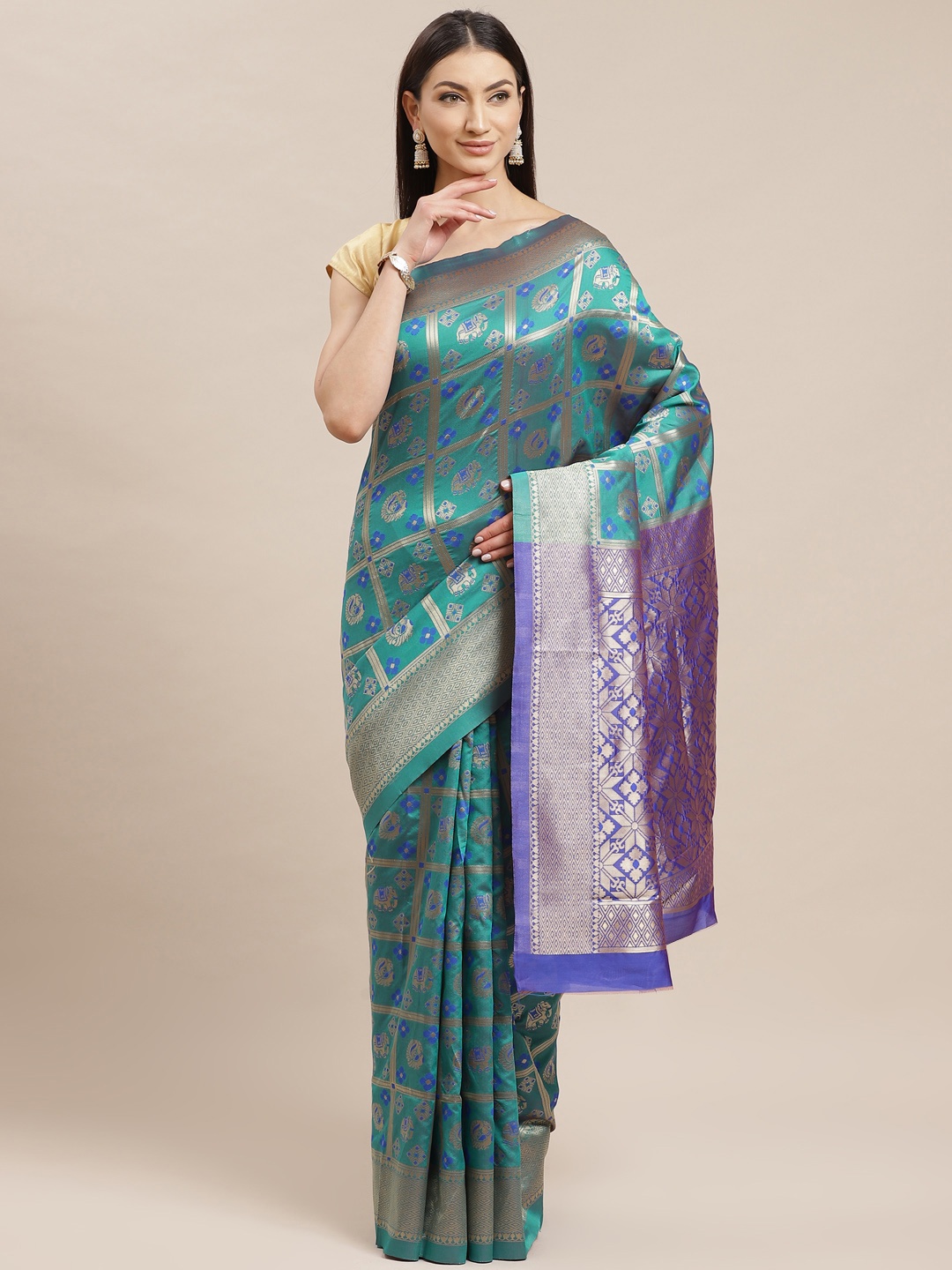 

Shaily Blue & Silver Woven Design Zari Work Banarasi Saree