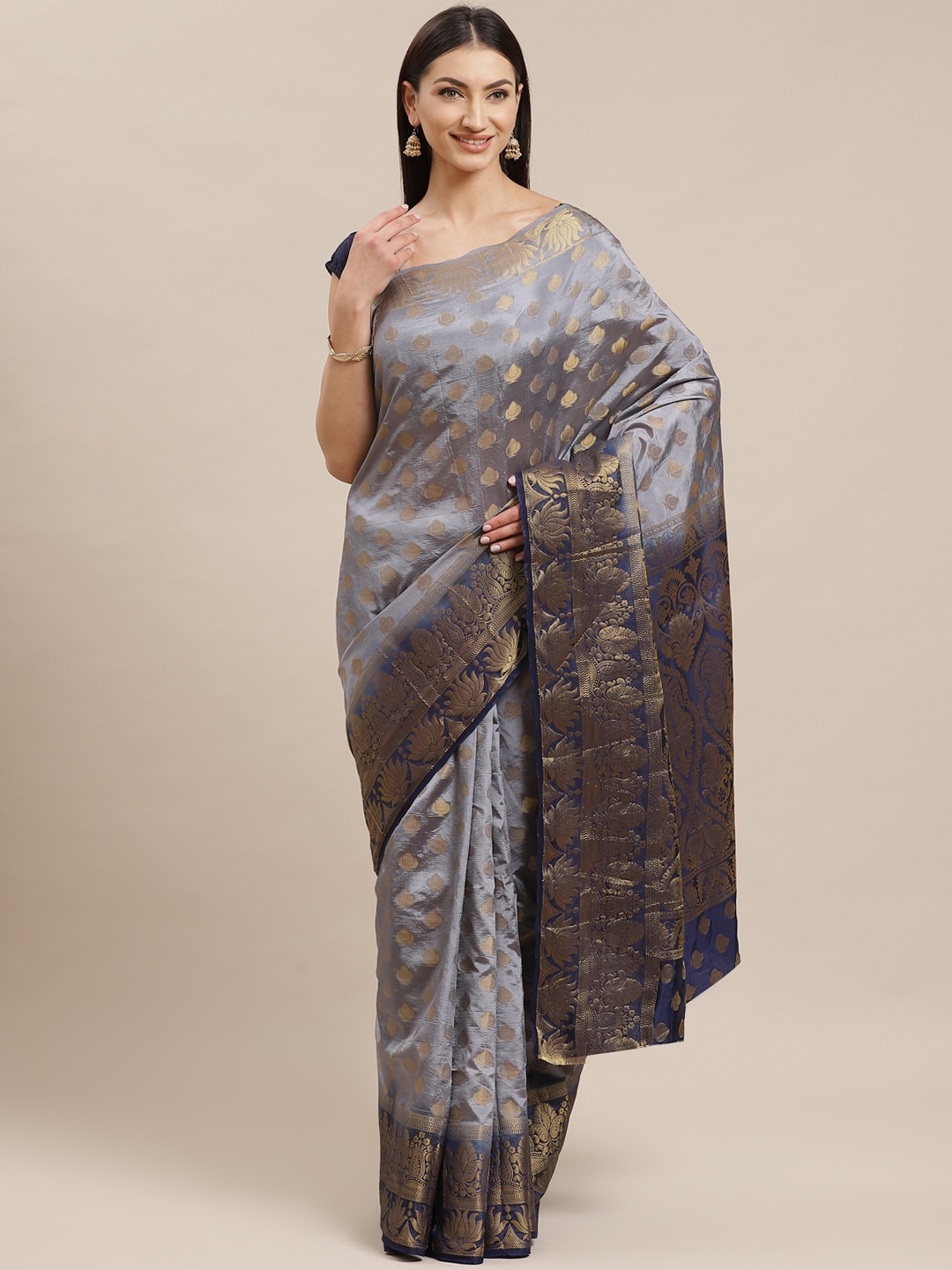 

Shaily Grey & Golden Ethnic Zari Woven Design Saree