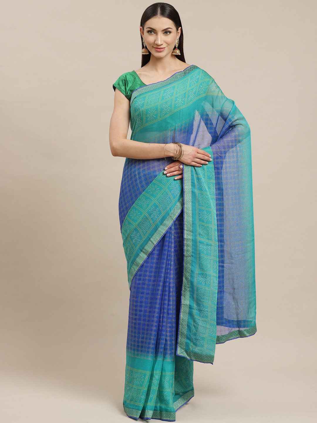 

Shaily Blue & Golden Checked Bandhani Saree