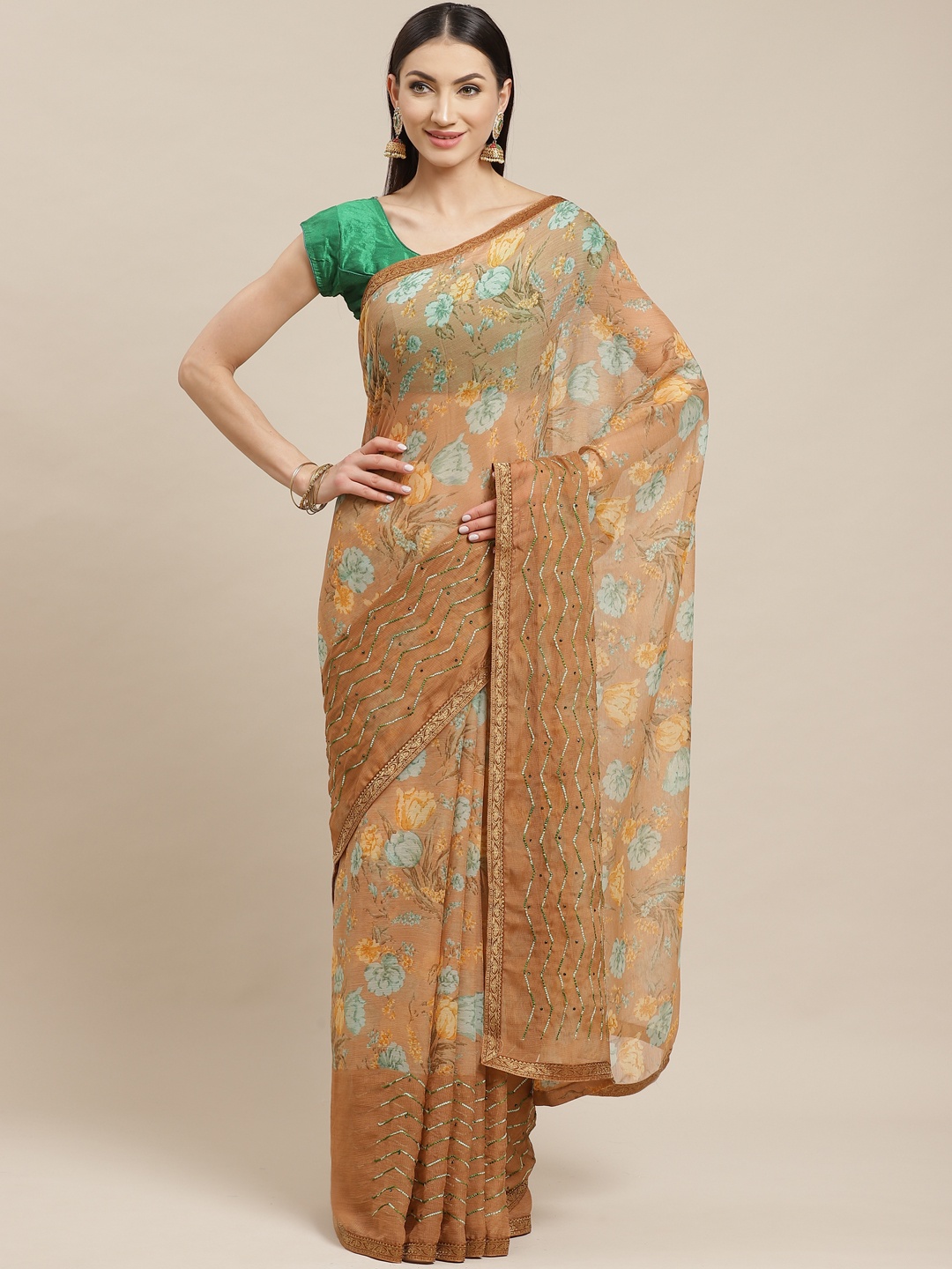 

Shaily Beige & Blue Floral Print Saree