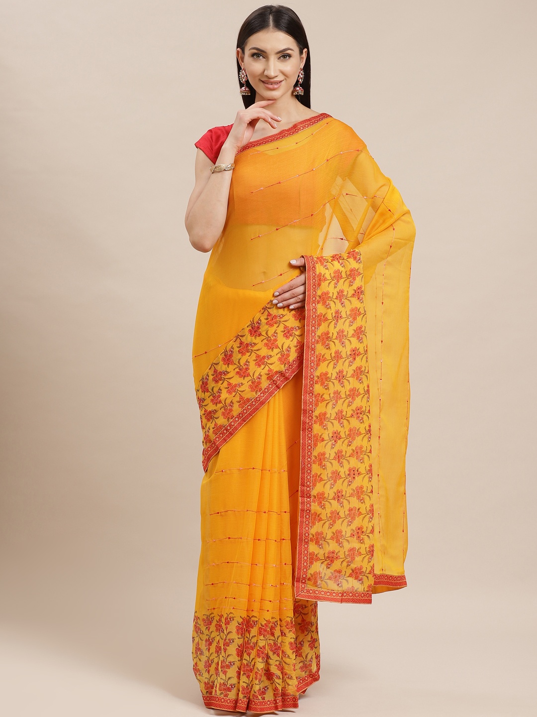 

Shaily Mustard & Orange Poly Georgette Bead & Stone Work Floral Printed Saree