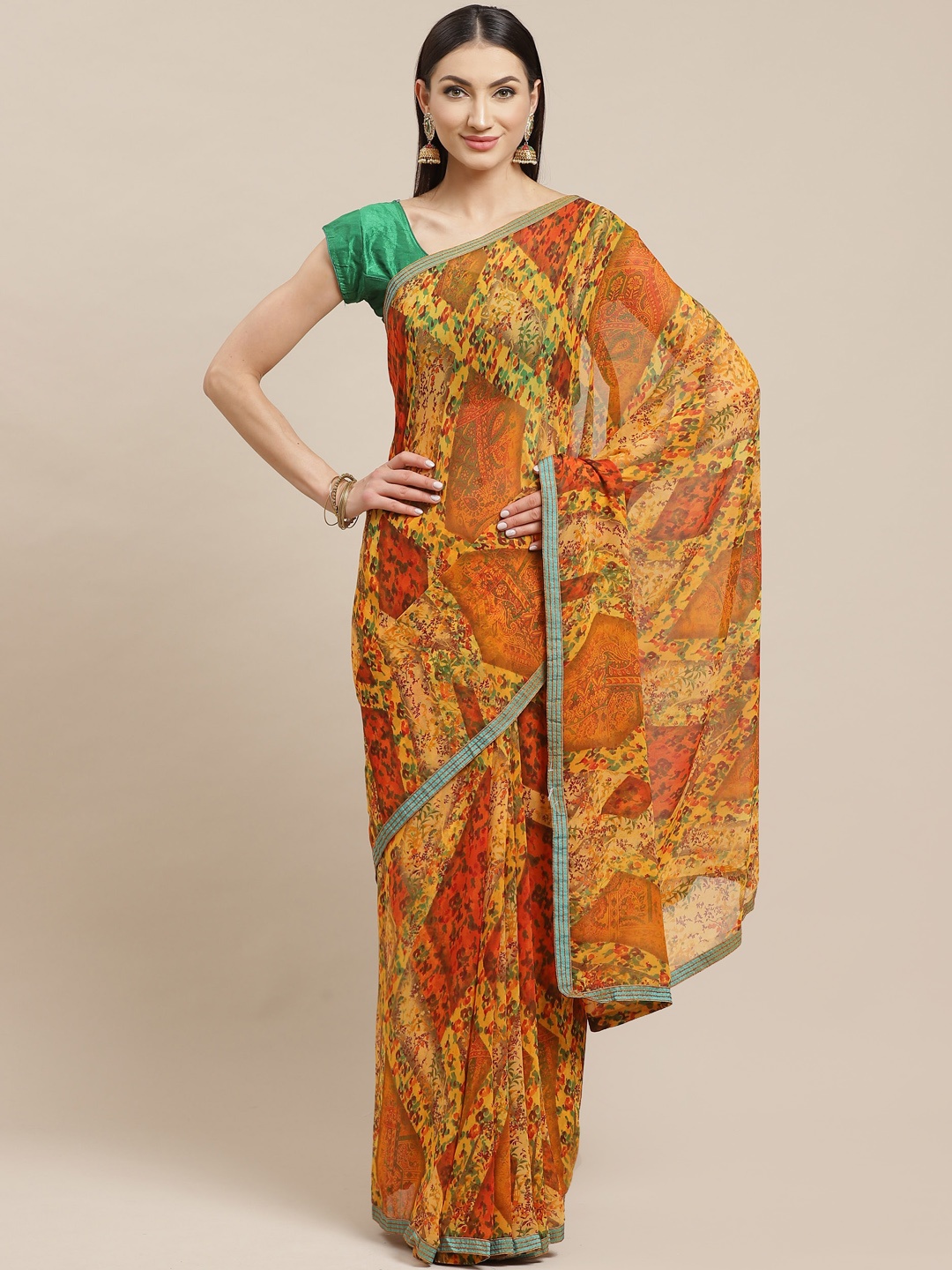 

Shaily Mustard Yellow & Orange Printed Saree