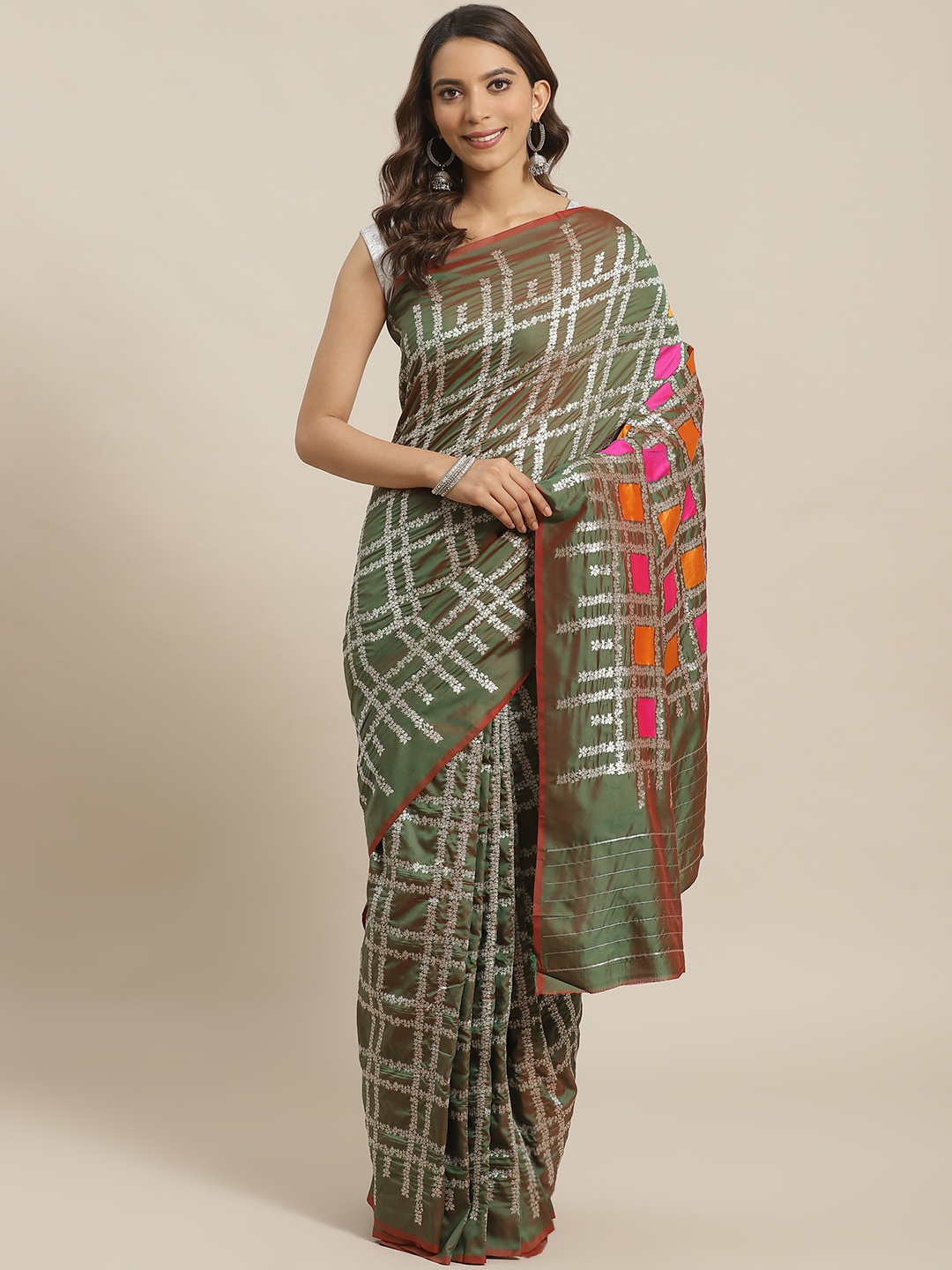 

Shaily Green & Off-White Silk Blend Woven Design Saree