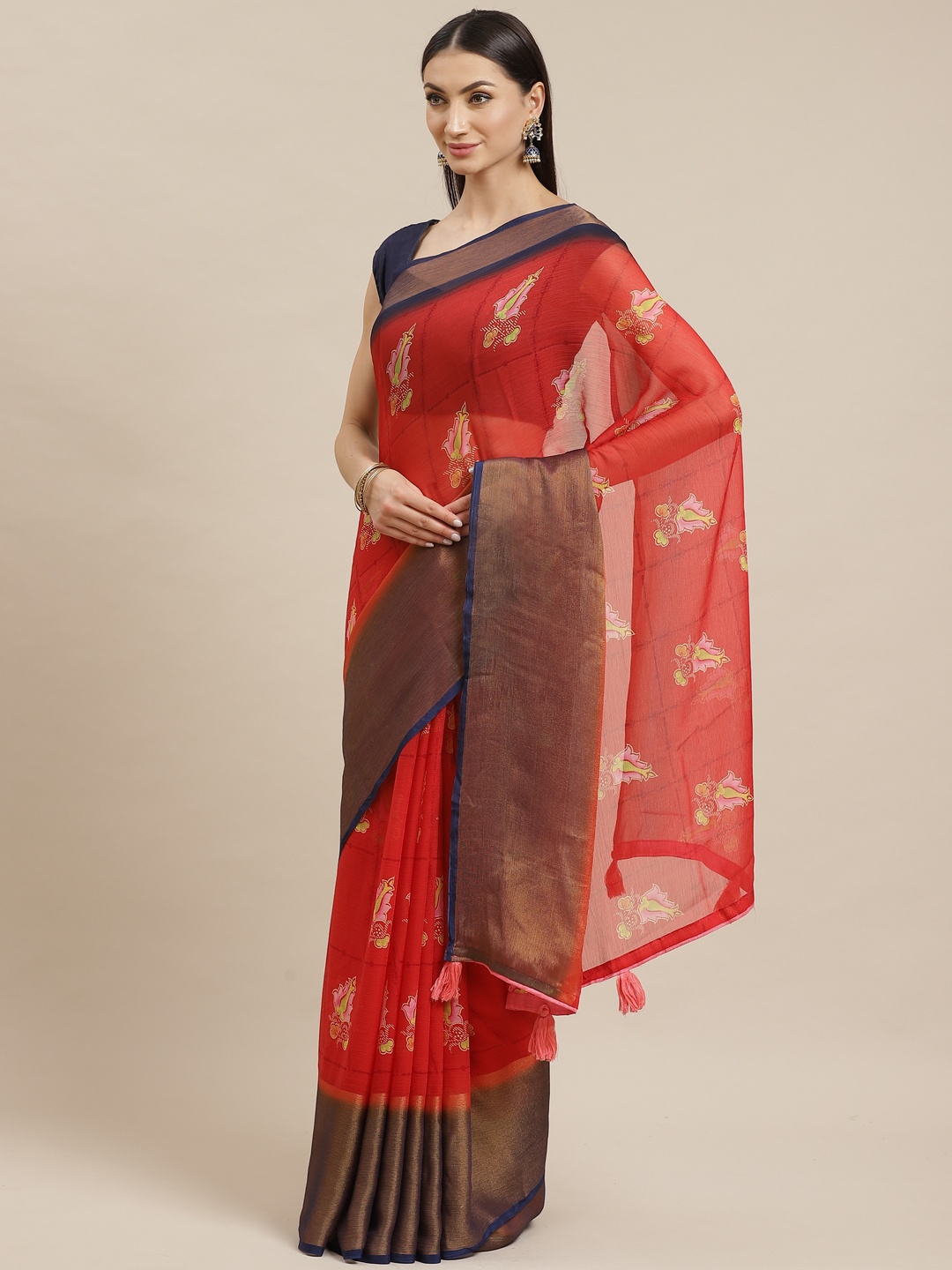 

Shaily Red & Pink Ethnic Print Saree with Tassels