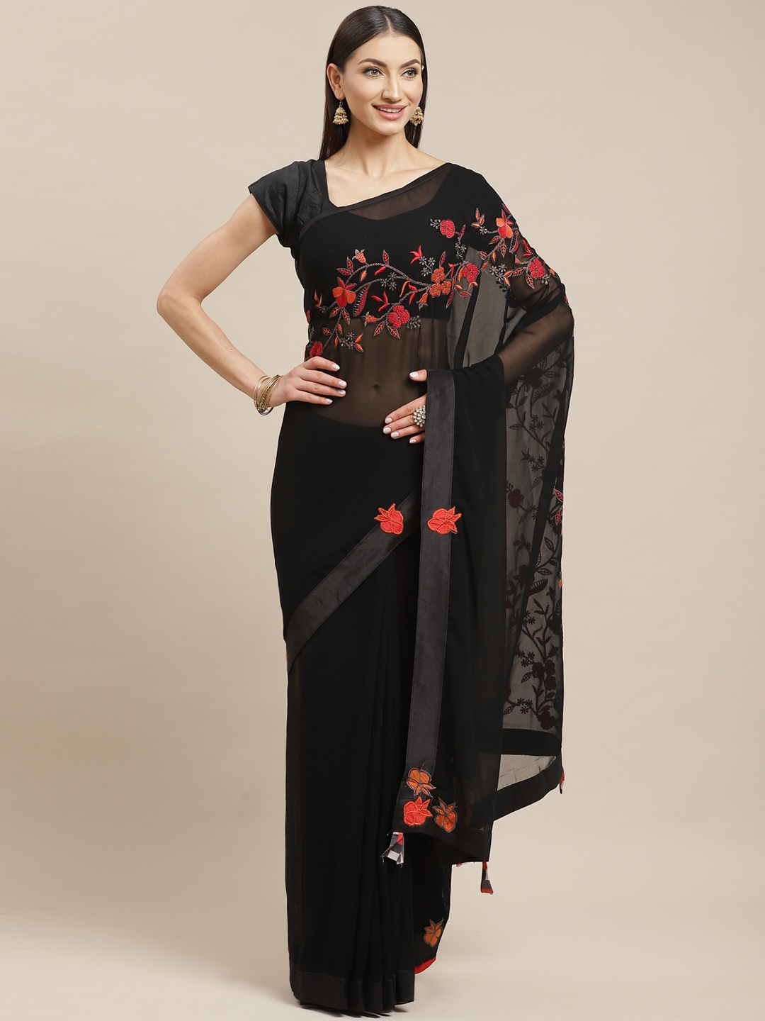 

Shaily Black & Red Floral Embroidered Saree