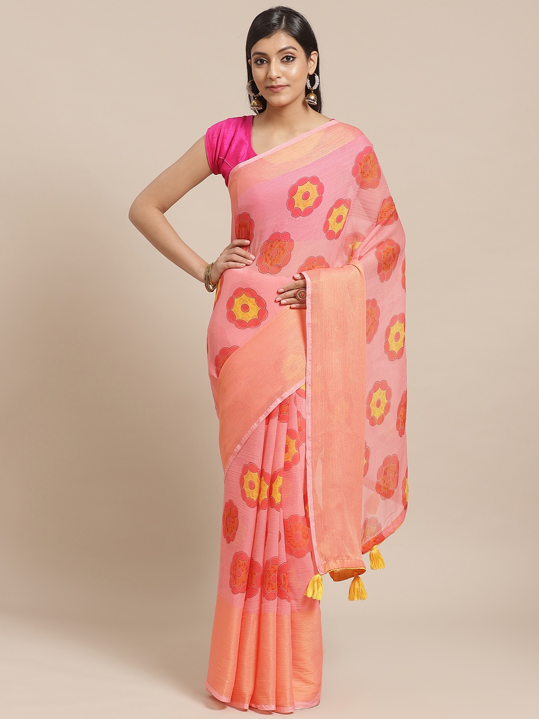 

Shaily Pink & Yellow Printed Saree