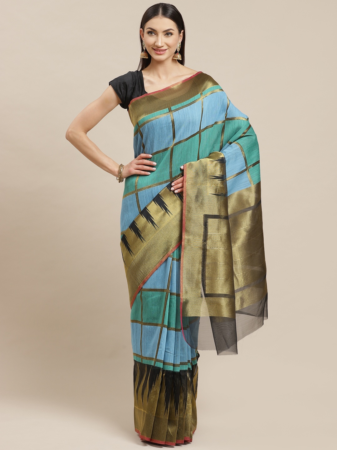 

Shaily Blue & Green Checked Banarasi Saree