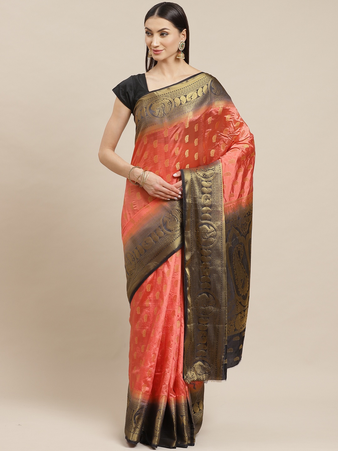 

Shaily Peach-Coloured & Golden Paisley Zari Woven Design Saree