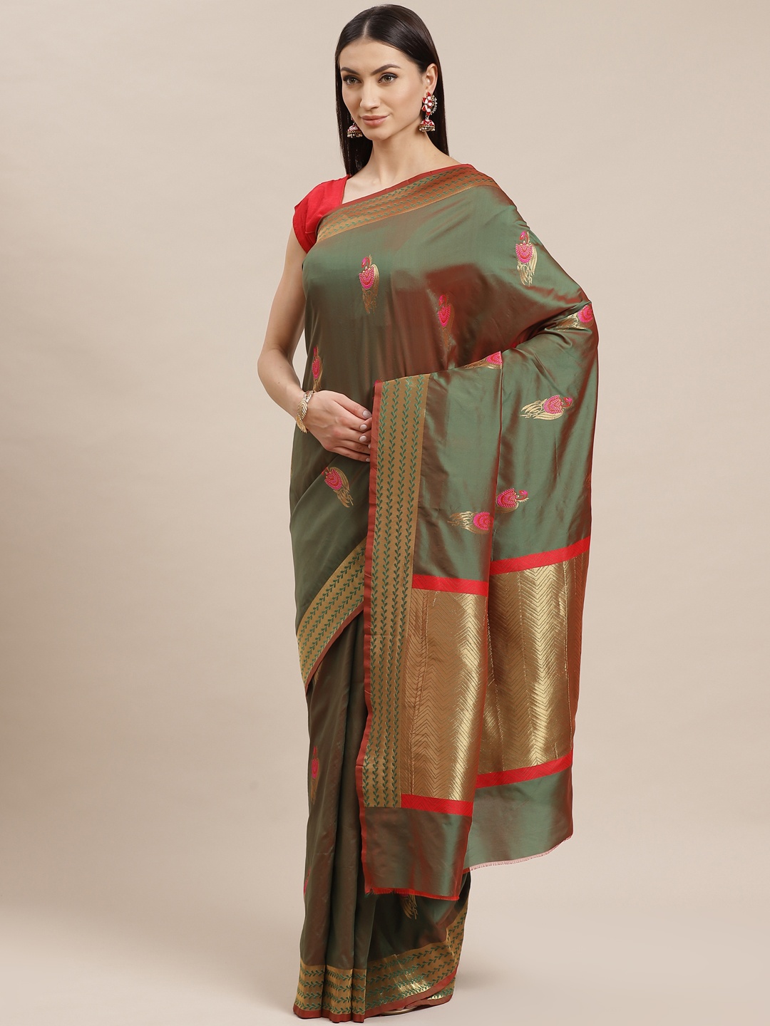 

Shaily Green & Pink Zari Woven Design Dual Tone Saree