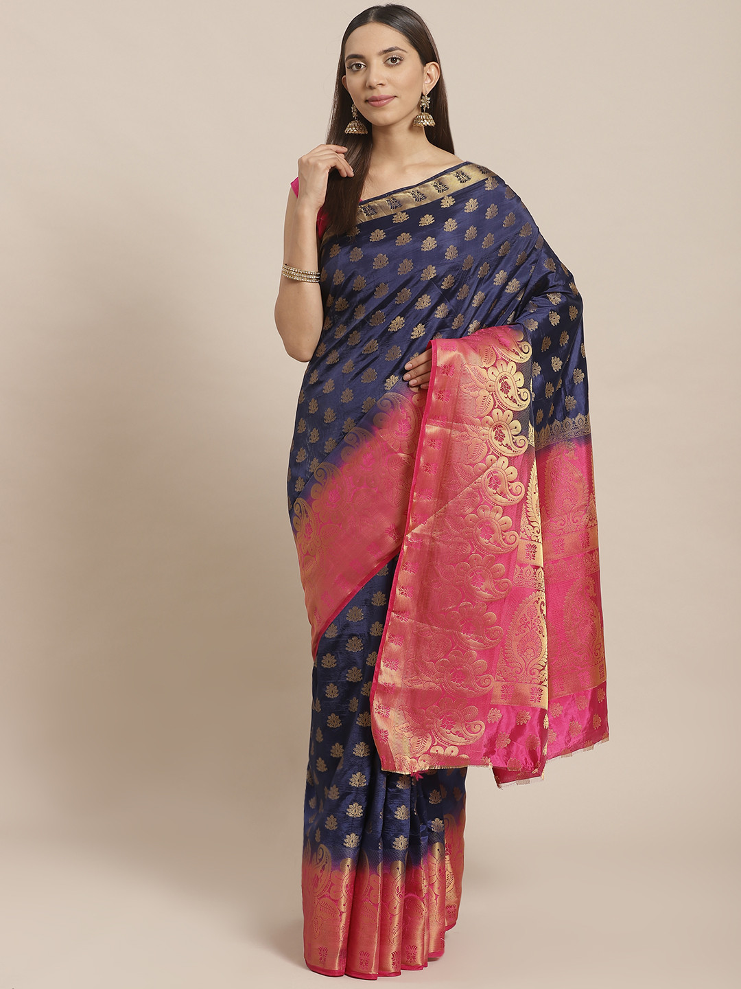 

Shaily Navy Blue & Golden Zari Woven Design Saree
