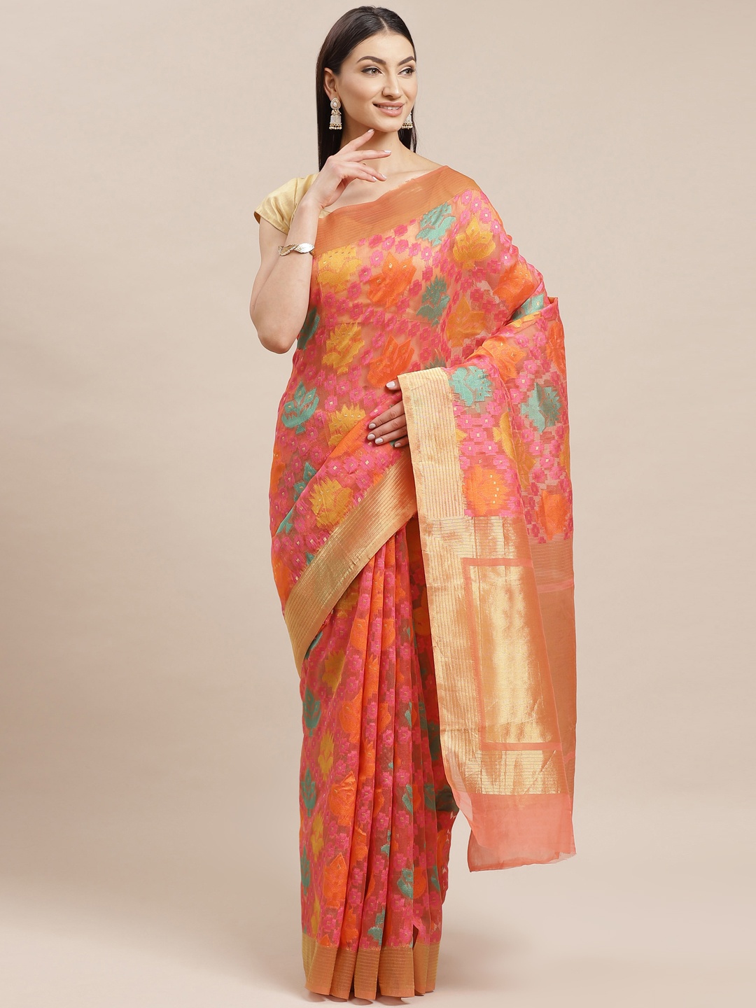 

Shaily Pink & Orange Zari Woven Design Banarasi Saree