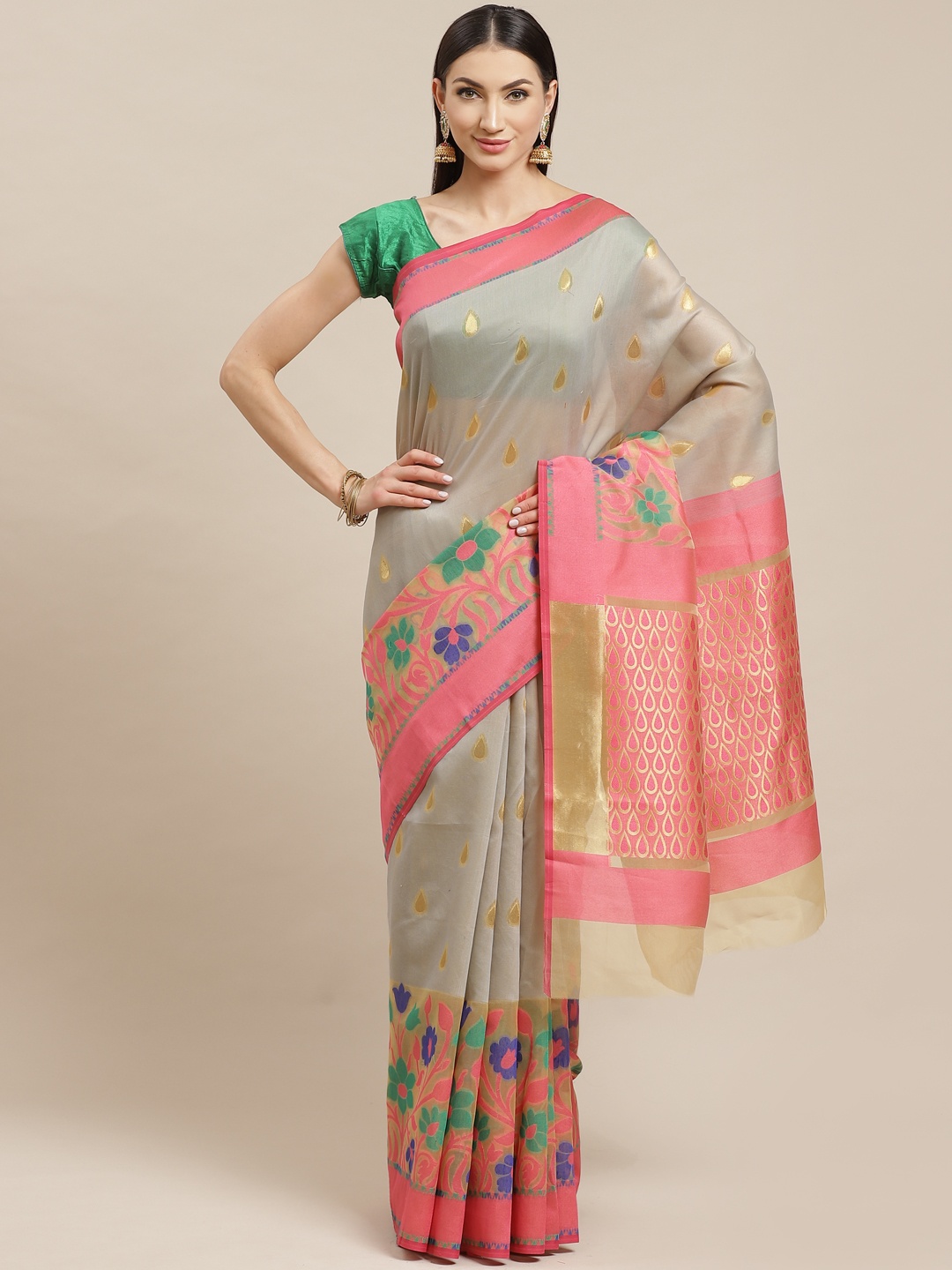 

Shaily Grey & Golden Paisley Zari Woven Design Banarasi Saree