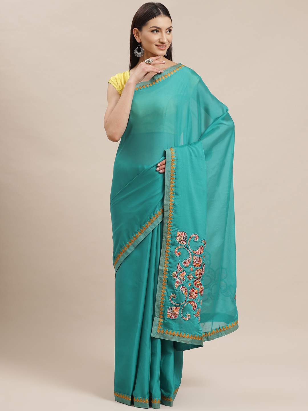 

Shaily Teal Green Solid Satin Saree