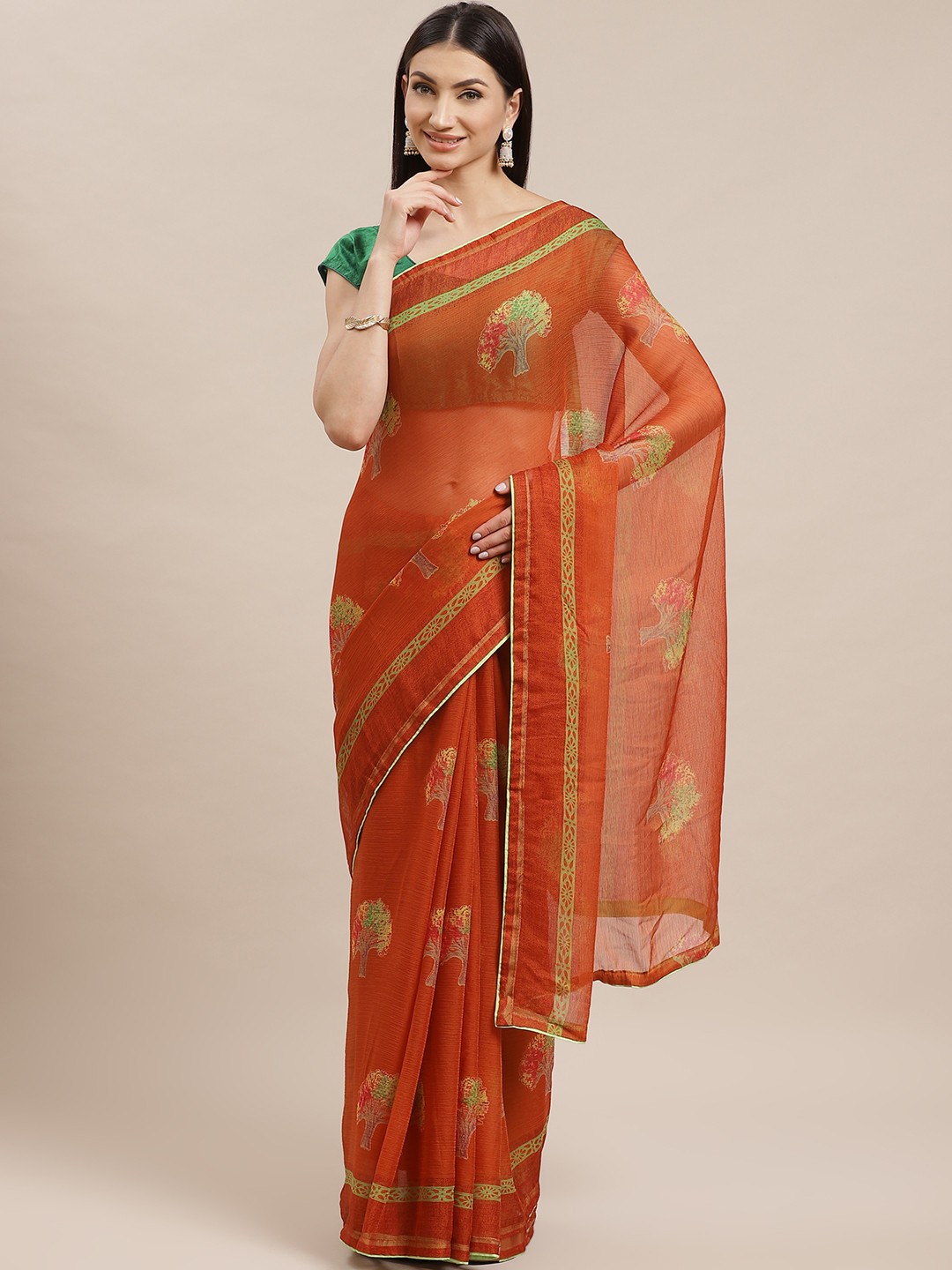 

Shaily Rust & Green Printed Saree