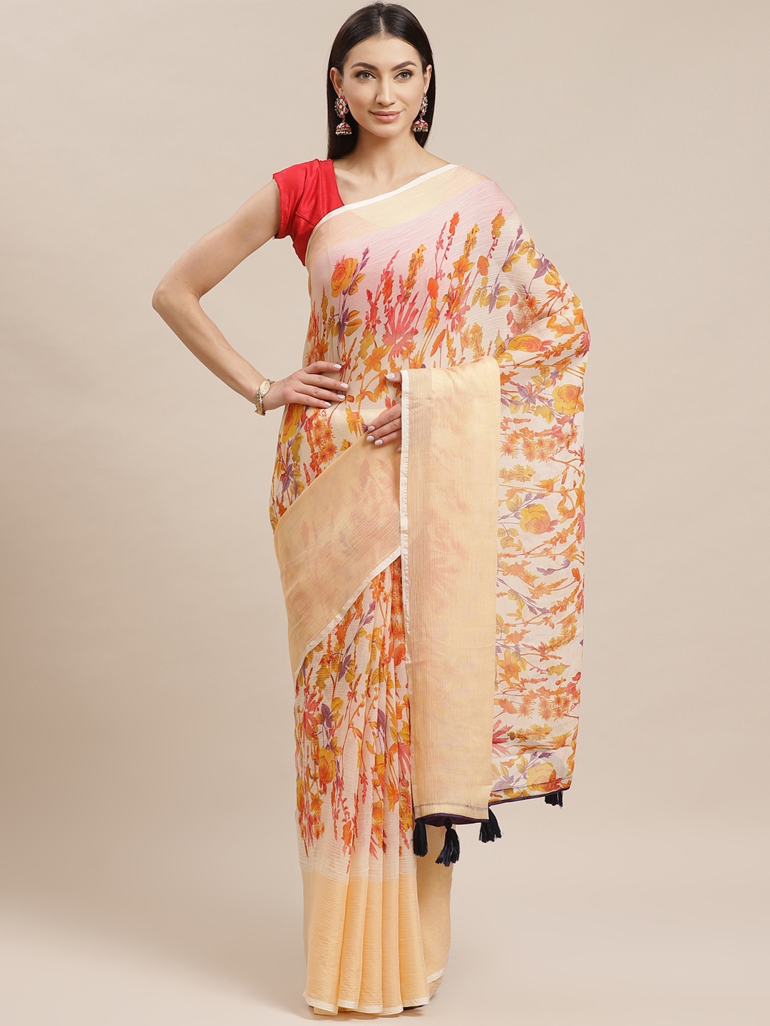 

Shaily Beige & Orange Printed Saree