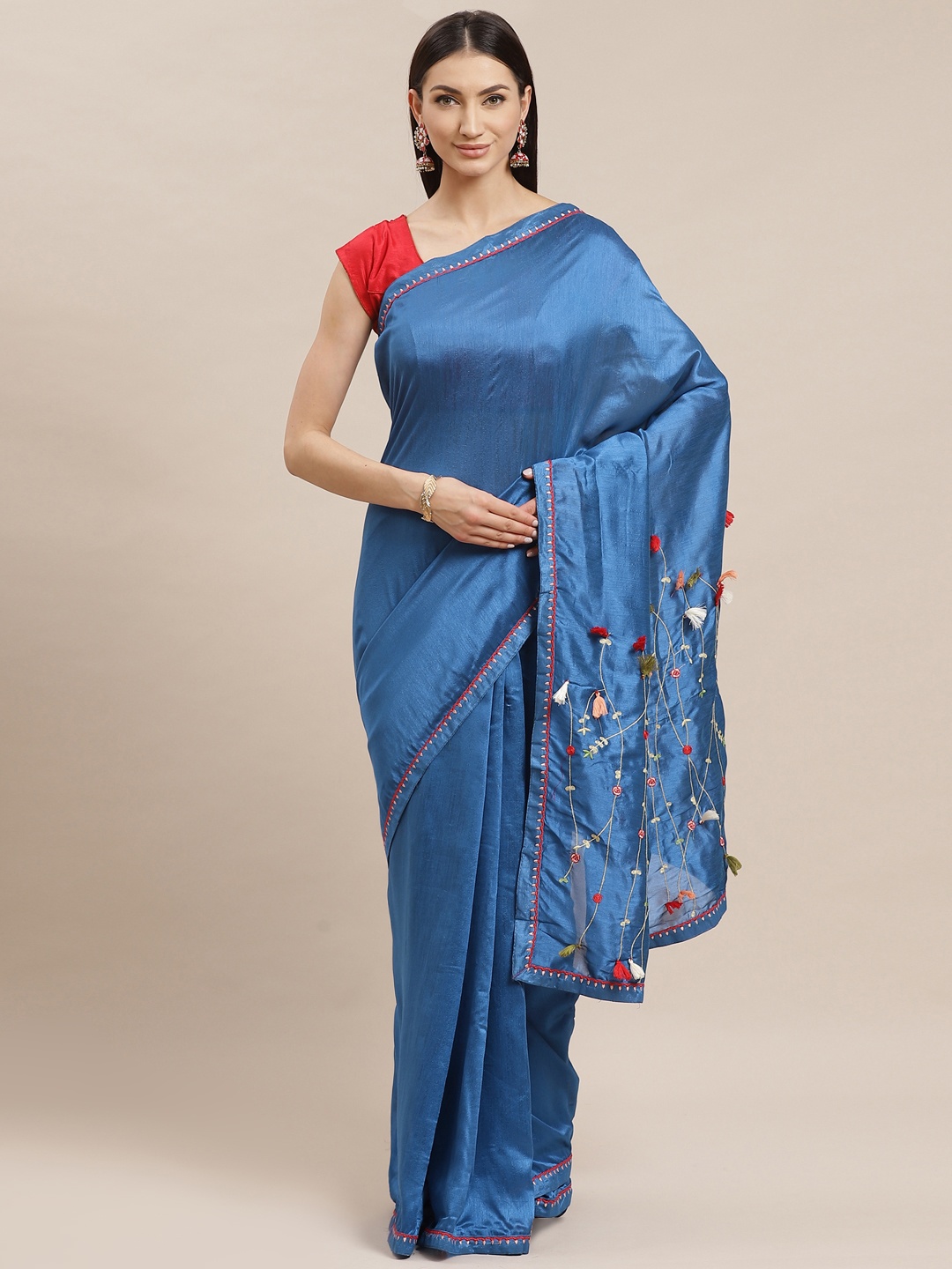 

Shaily Blue Solid Satin Saree