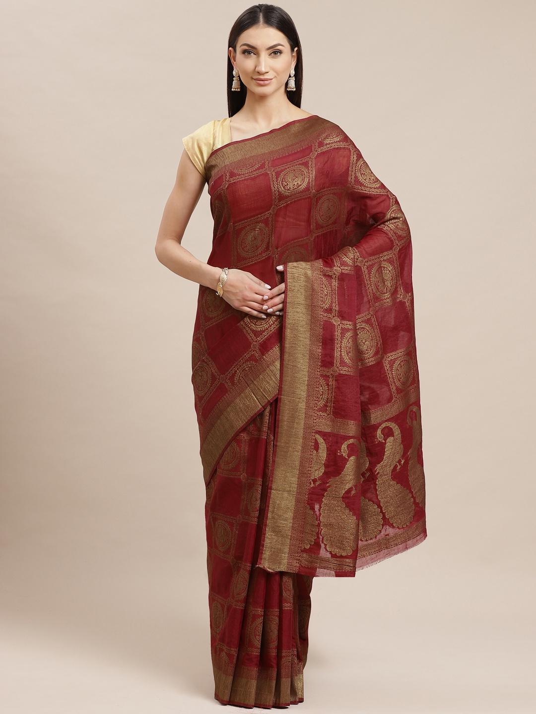 

Shaily Maroon & Golden Zari Woven Design Saree
