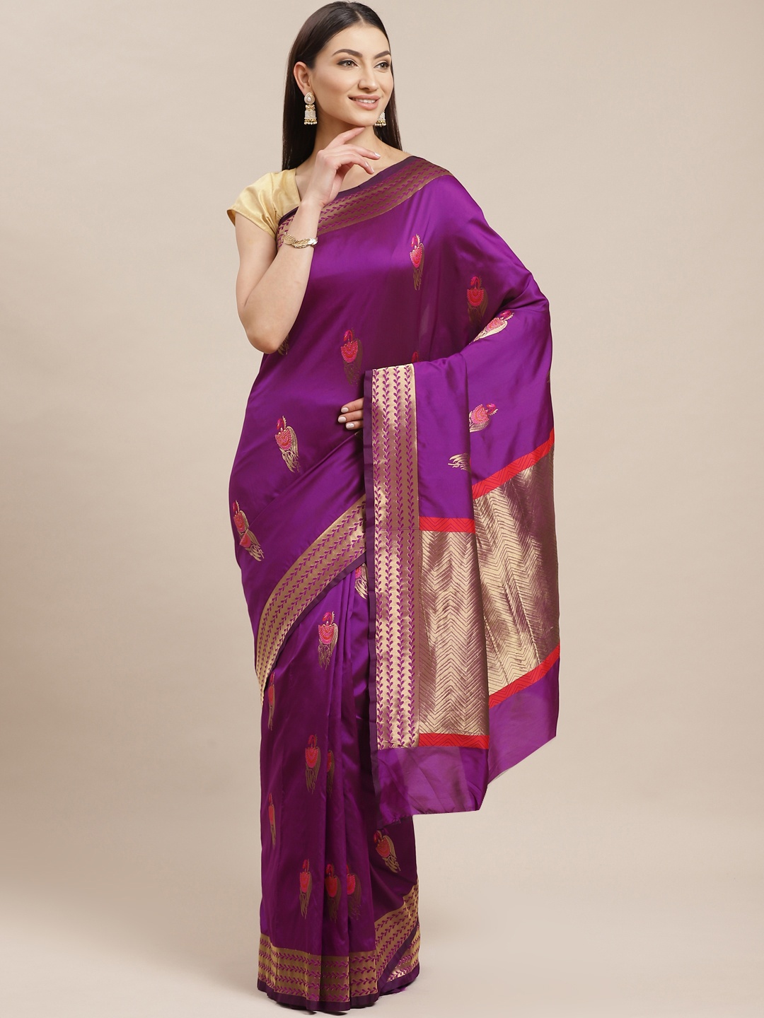 

Shaily Purple & Golden Zari Woven Design Kanjeevaram Saree